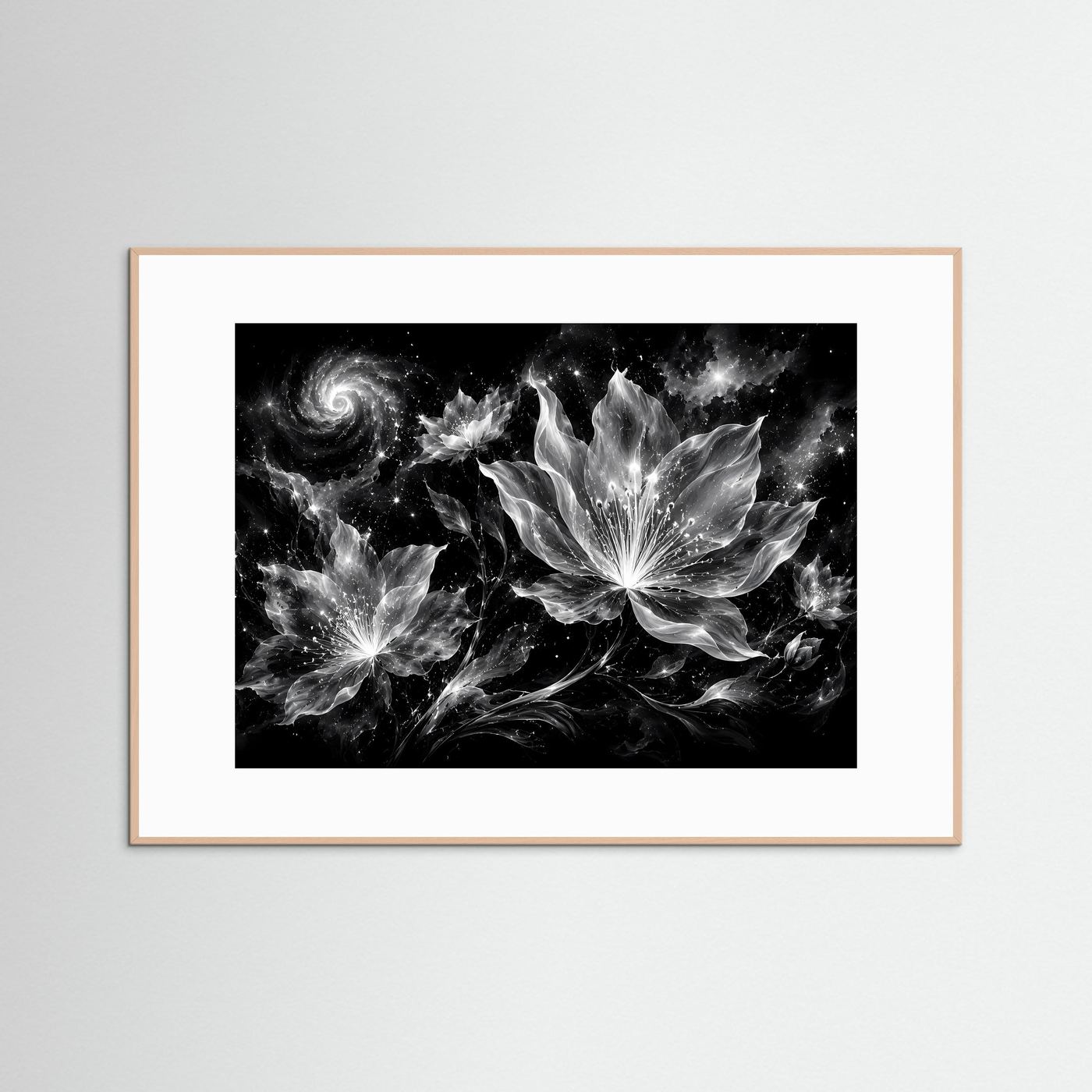 Schwarz Weiß Blumen Poster | Kosmische Blüten Wandkunst | Abstrakte Florale Kunst | Moderne Monochrome Leinwand | Galaxy Design