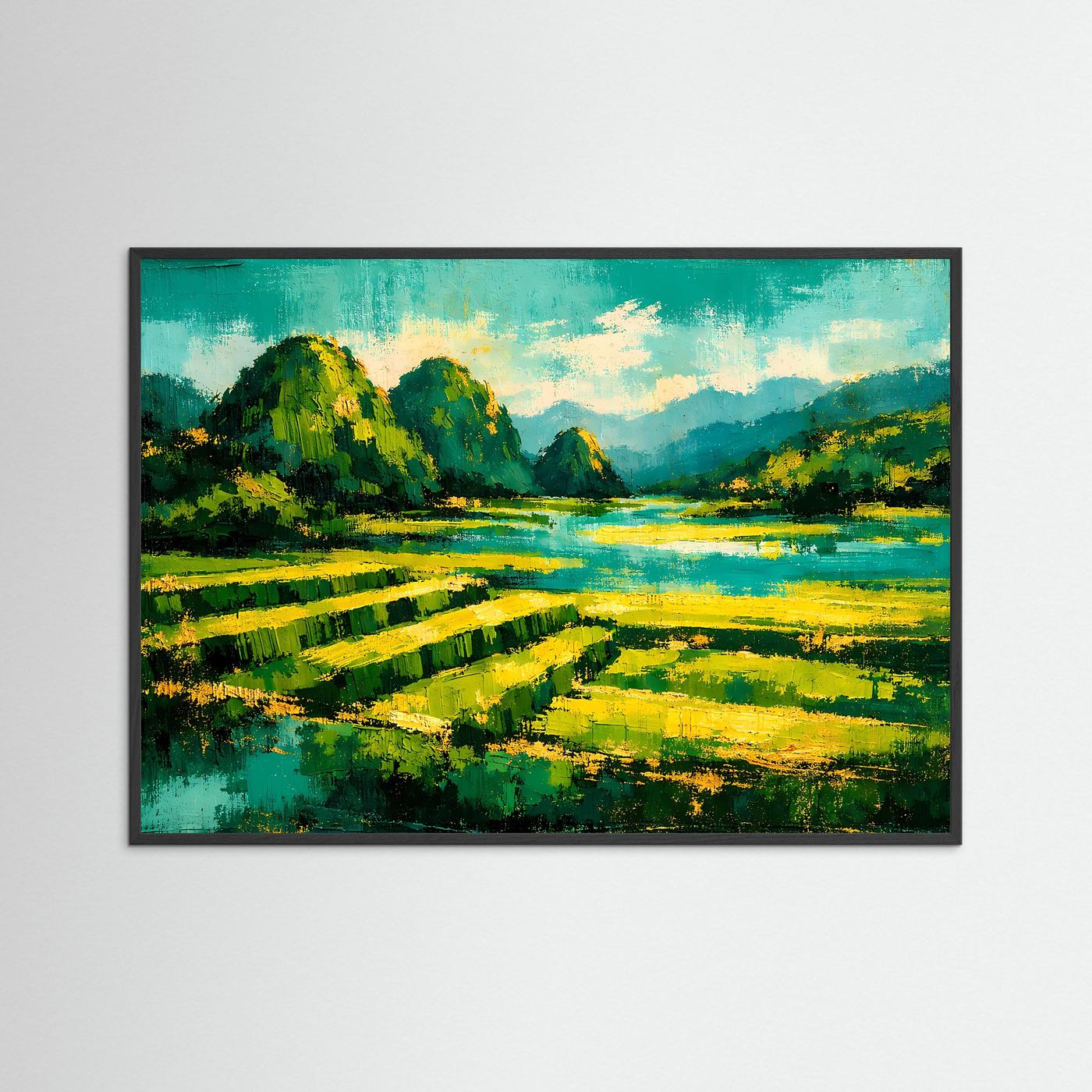 Gerahmtes Textur-Naturposter im Querformat: Reisterrassen mit Fluss und grünen Hügeln.
