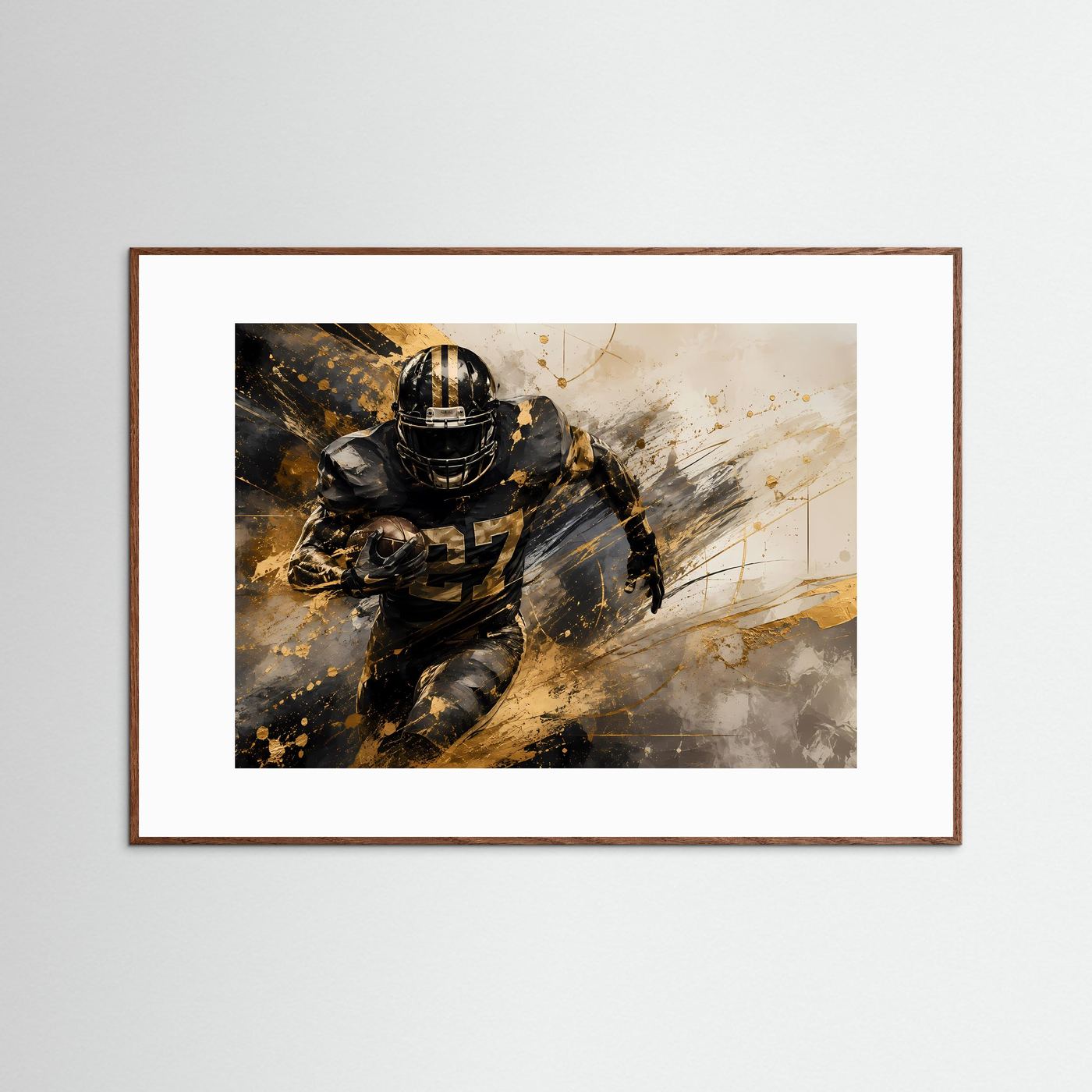 Fußball-Actionposter mit braunem Rahmen und weißem Passepartout: Spieler im Helm, Schwarz und Gold