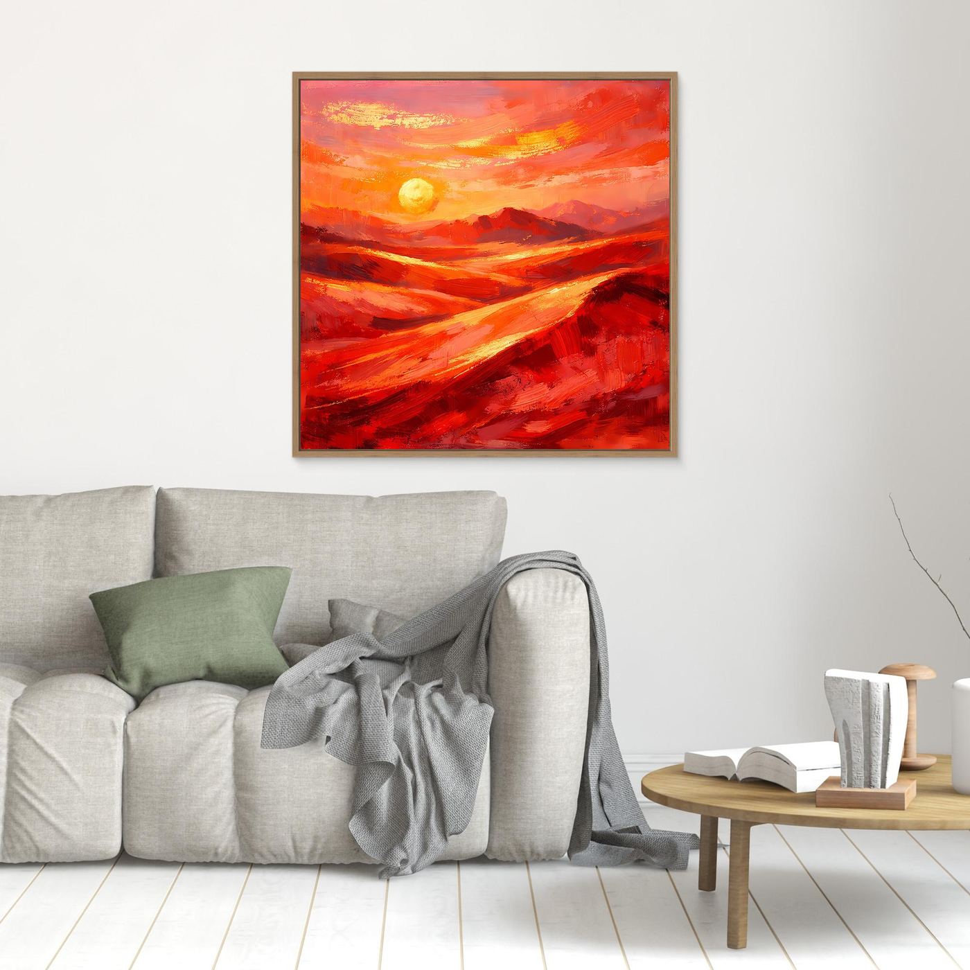 Kleines gerahmtes Leinwandbild mit abstraktem Sonnenaufgang in Rot-Orange, brauner Rahmen