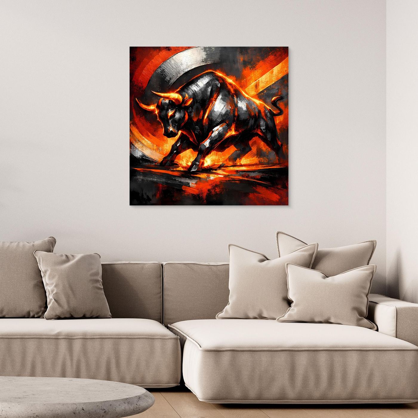 Abstraktes Leinwand-Wandbild: Stier in Flammen, schwarz-grau mit Orange, mit dunklem Rand