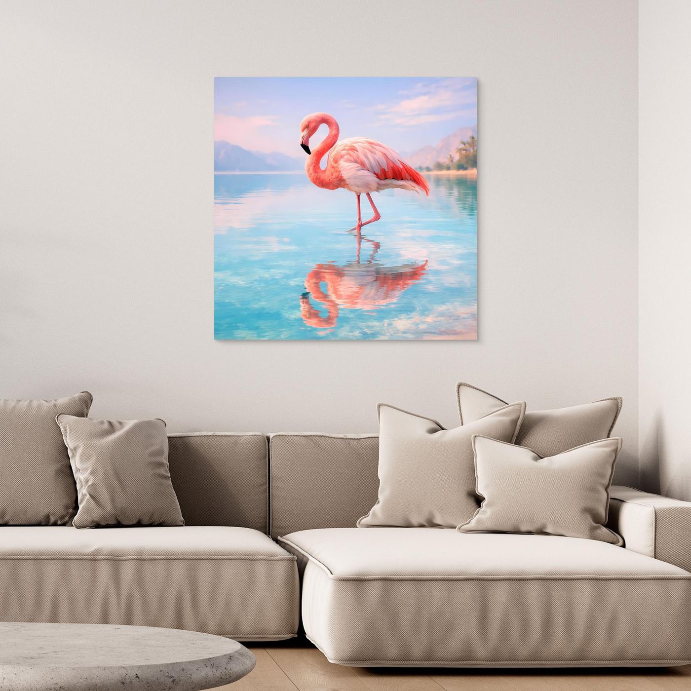 Leinwand-Wandbild mit rosa Flamingo am See, Spiegelung im Wasser