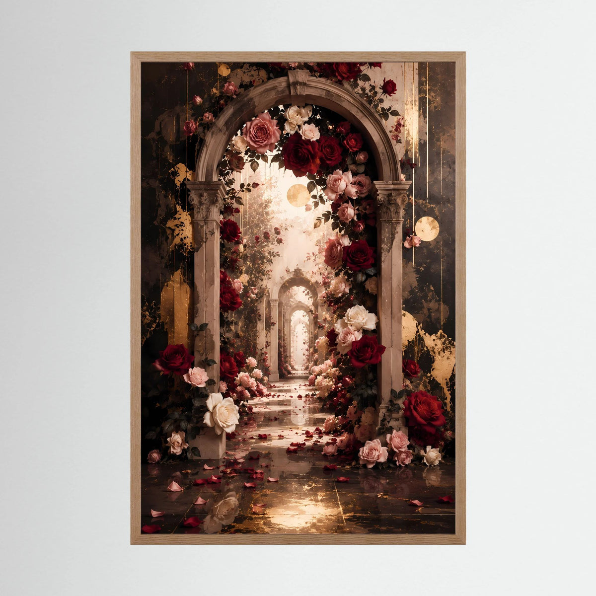Gerahmtes Hochformat-Poster mit Rosenbogen, roten und rosafarbenen Rosen