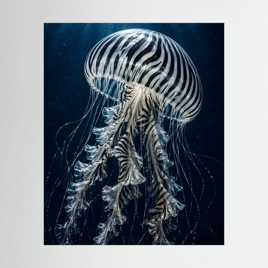 Hochformatiges Poster mit Schwarz-Weiß-Medusenmotiv auf tiefblauem Hintergrund