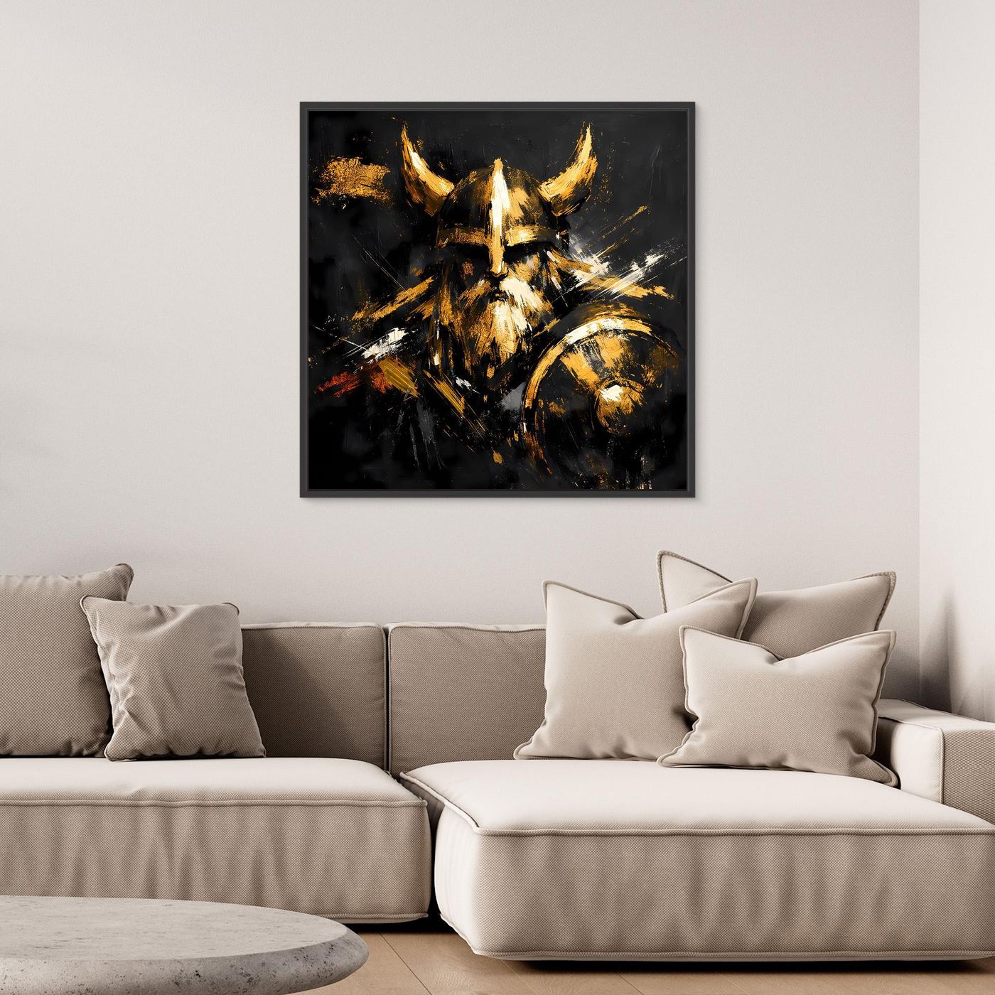 Leinwand Goldener Wikinger mit Schild | Abstraktes Nordmann Wandbild Modern
