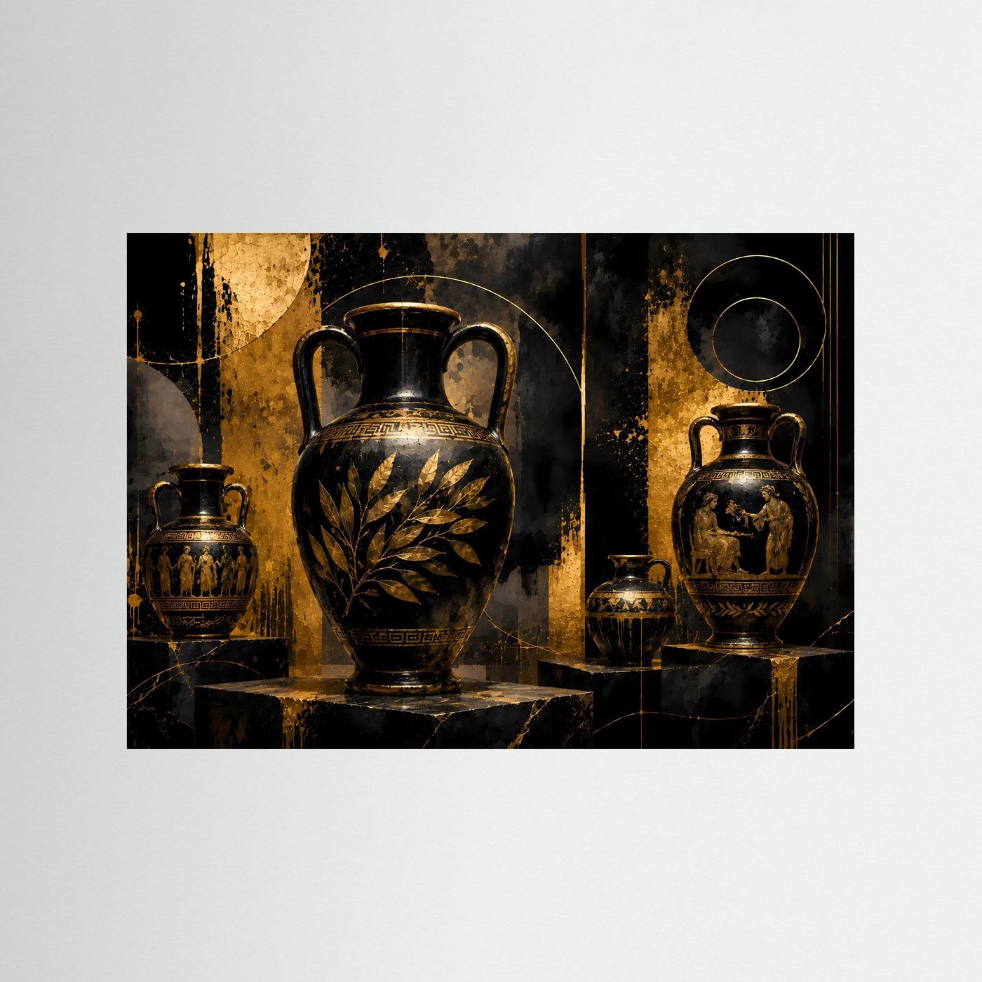 Griechische Vasen-Wandkunst: schwarze Amphoren mit Goldornamenten und Laubreliefen, ohne Rahmen.