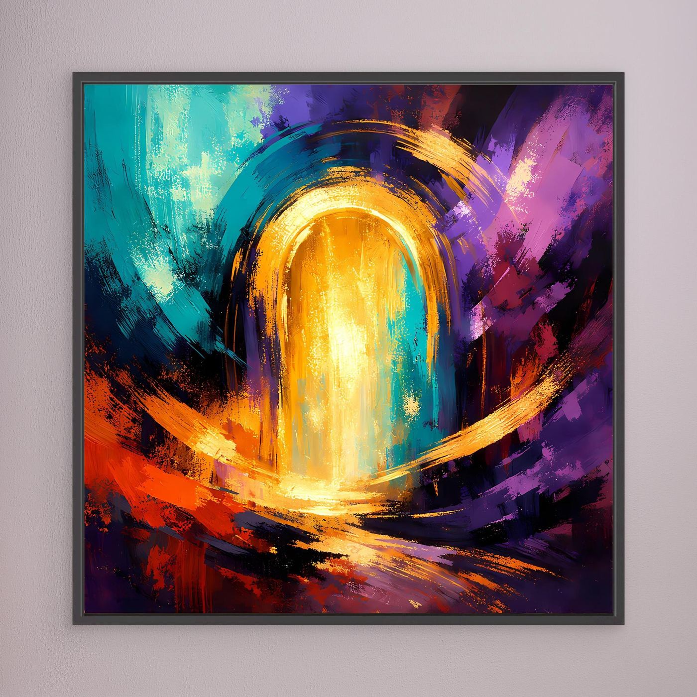 Abstraktes Leinwand-Wandbild: goldenes Lichtportal, bunte Pinselstriche, schwarzer Rahmen