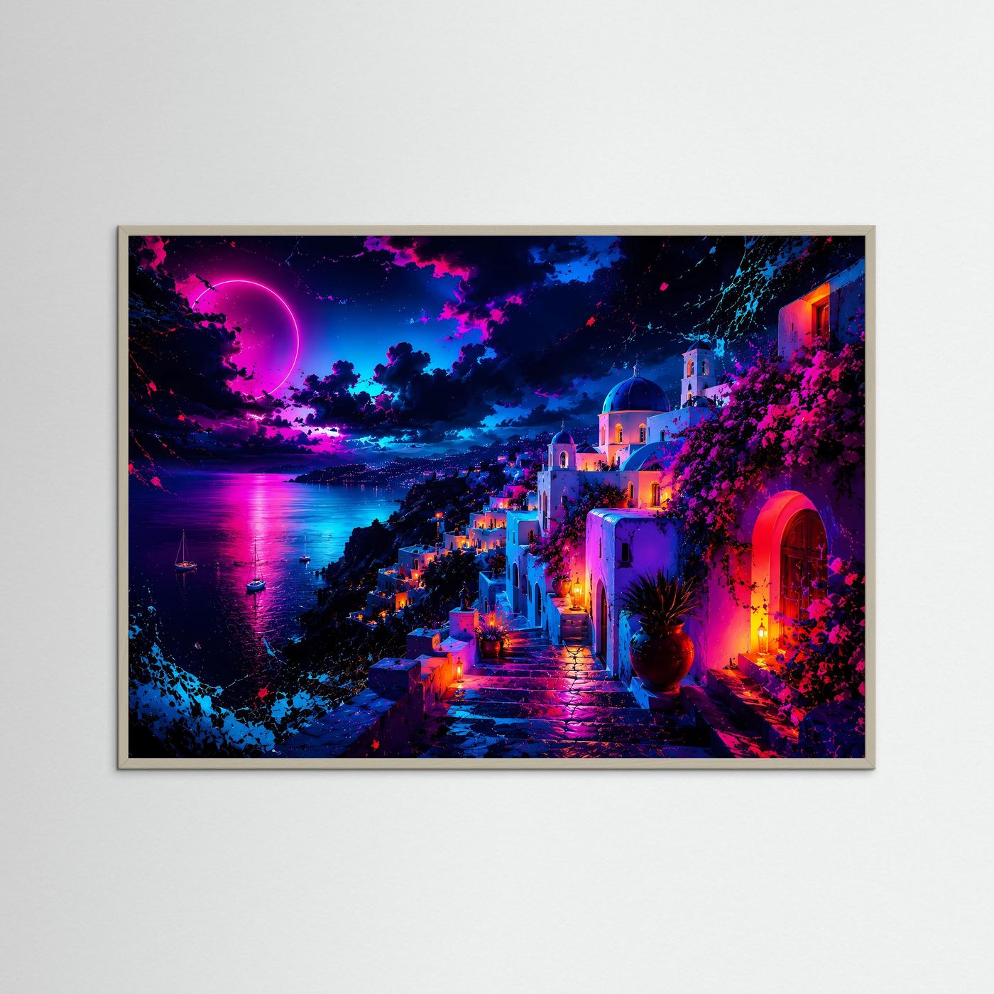 Santorini bei Nacht in Neonfarben | Abstraktes Griechenland Panorama Poster Querformat in Pink, Blau & Violett