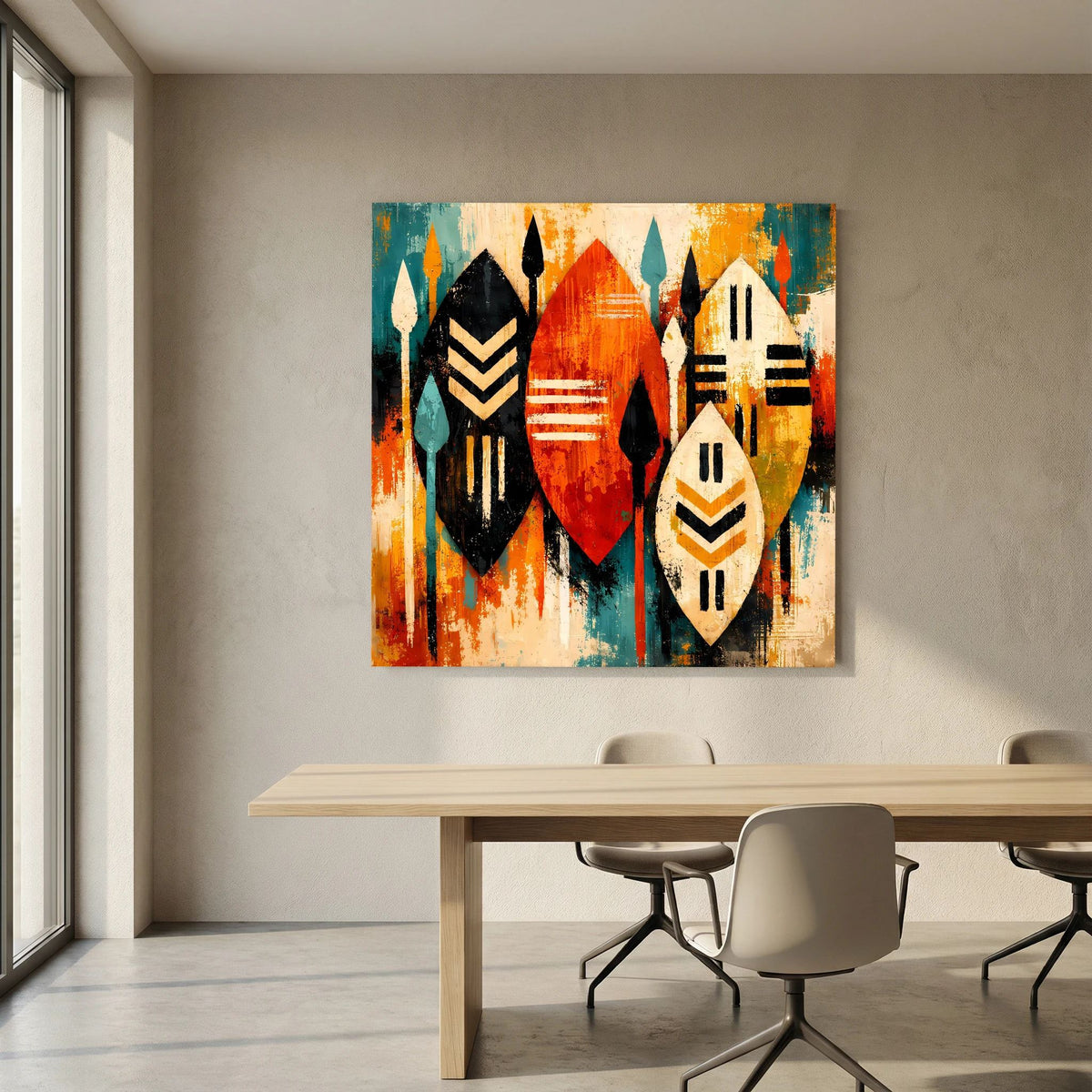 Leinwand-Wandbild über Tisch: abstrakte Schilde und Speere in Schwarz, Orange, Türkis und Weiß