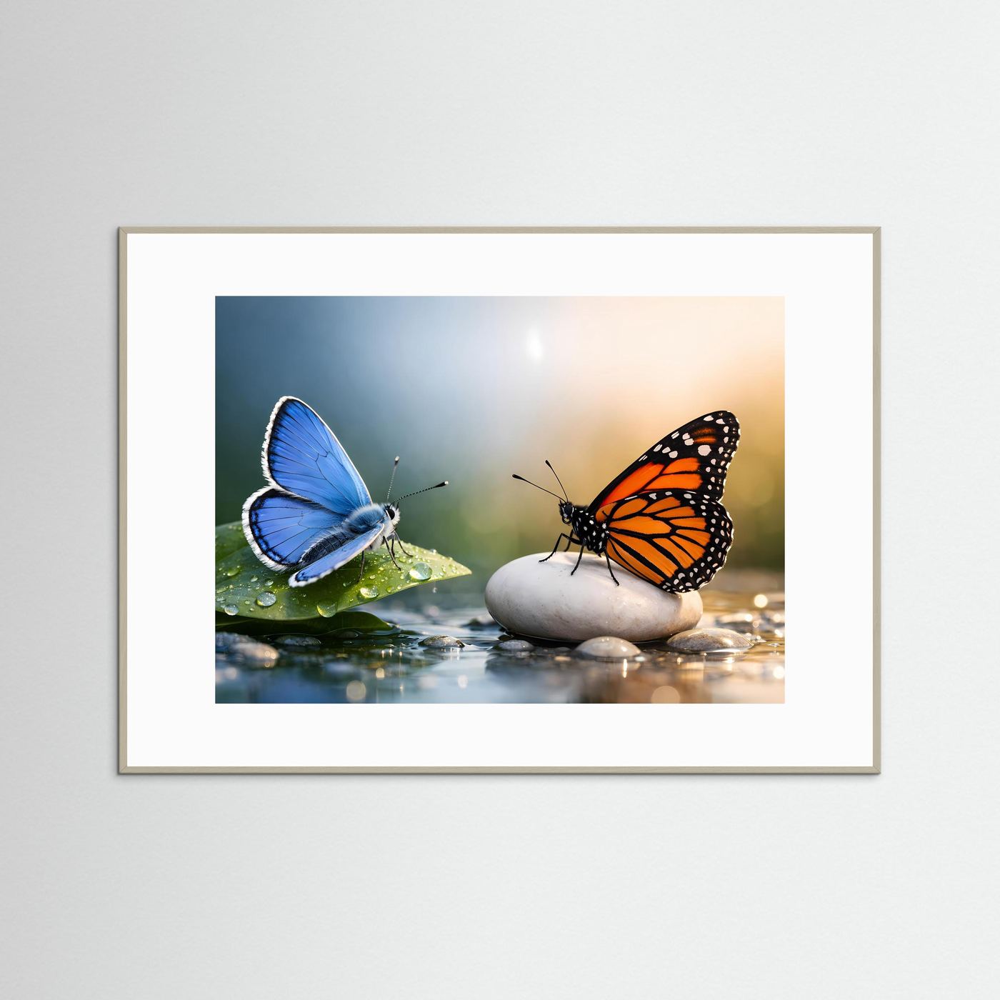 Makro-Naturposter mit Schmetterlingen auf Stein; Wassertropfen auf den Blättern am Ufer