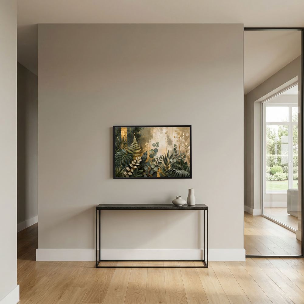Gerahmtes Querformat-Poster mit botanischem Blattmotiv in Grün und Gold an der Wand.