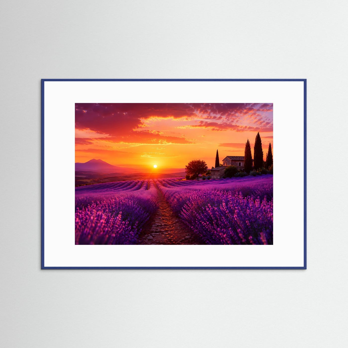 Lavendelfeld bei Sonnenuntergang Poster Querformat | Provence Landschaft in Lila & Orange | Mediterranes Natur Wandbild mit Lavendel
