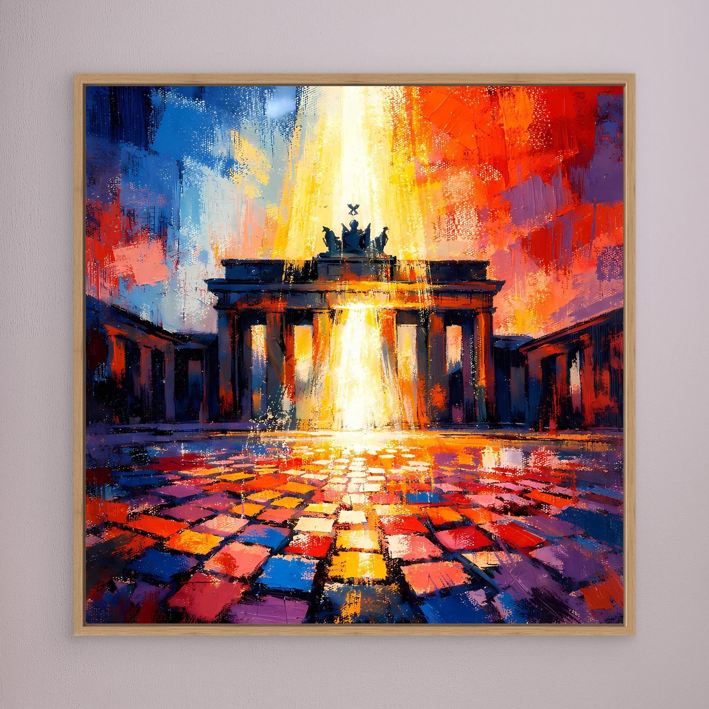 Wandbild mit abstraktem Brandenburger Tor, goldbrauner Holzrahmen, reflektierendes Licht in Blau und Rot