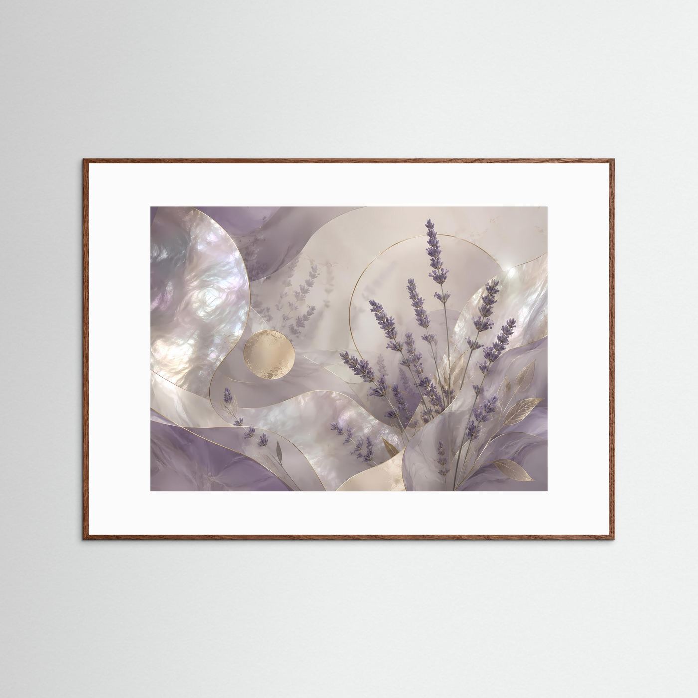 Querformat-Poster mit abstrakter Lavendel-Botanik, lila Blüten und Goldakzenten, dunkler Holzrahmen