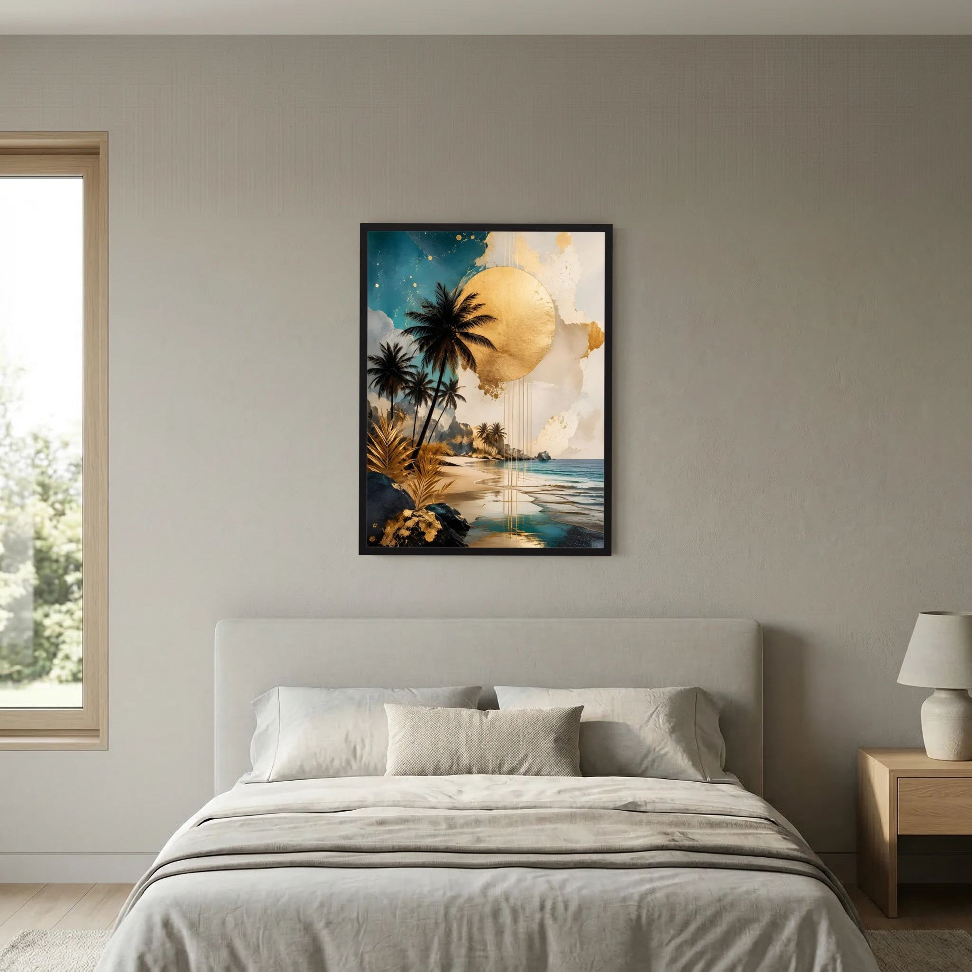 Gerahmtes Hochformat-Poster mit Palmen, goldener Sonne und Meeresszene