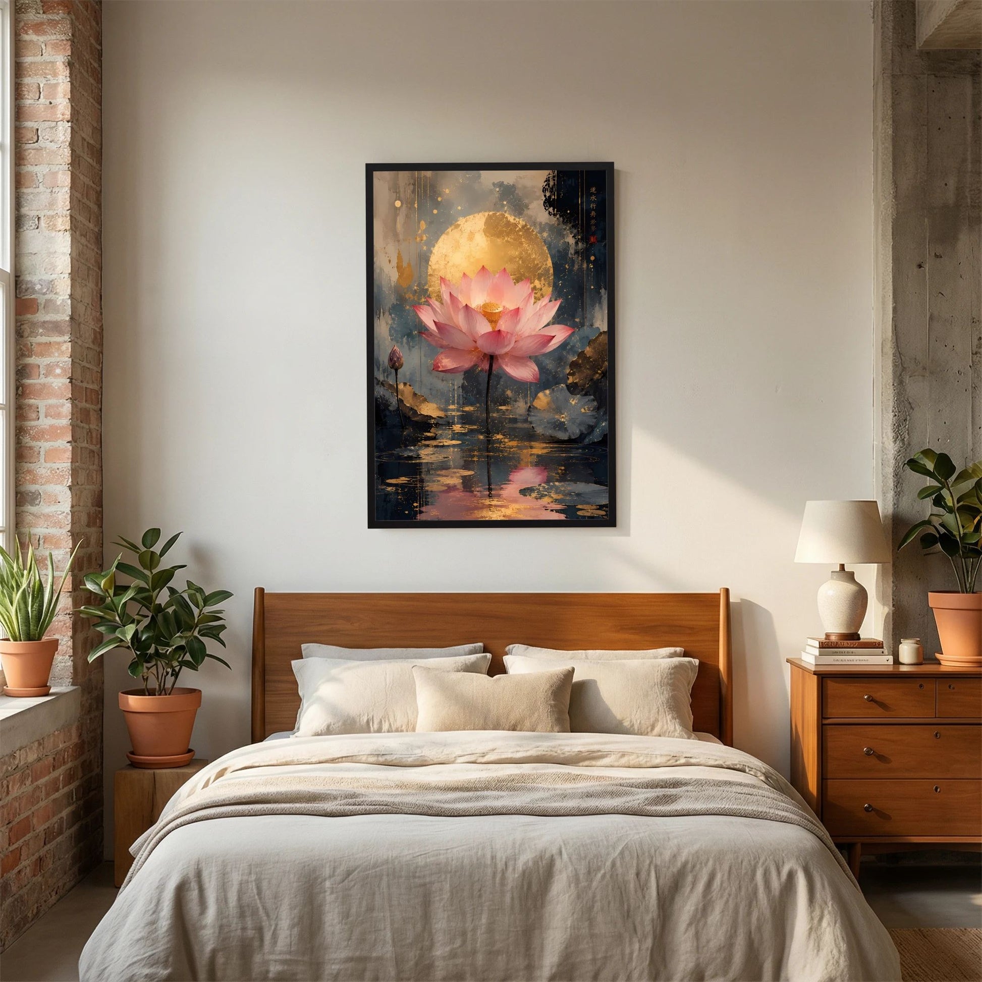 Hochformat-Poster mit rosafarbener Lotusblüte über Wasser, schwarz gerahmt