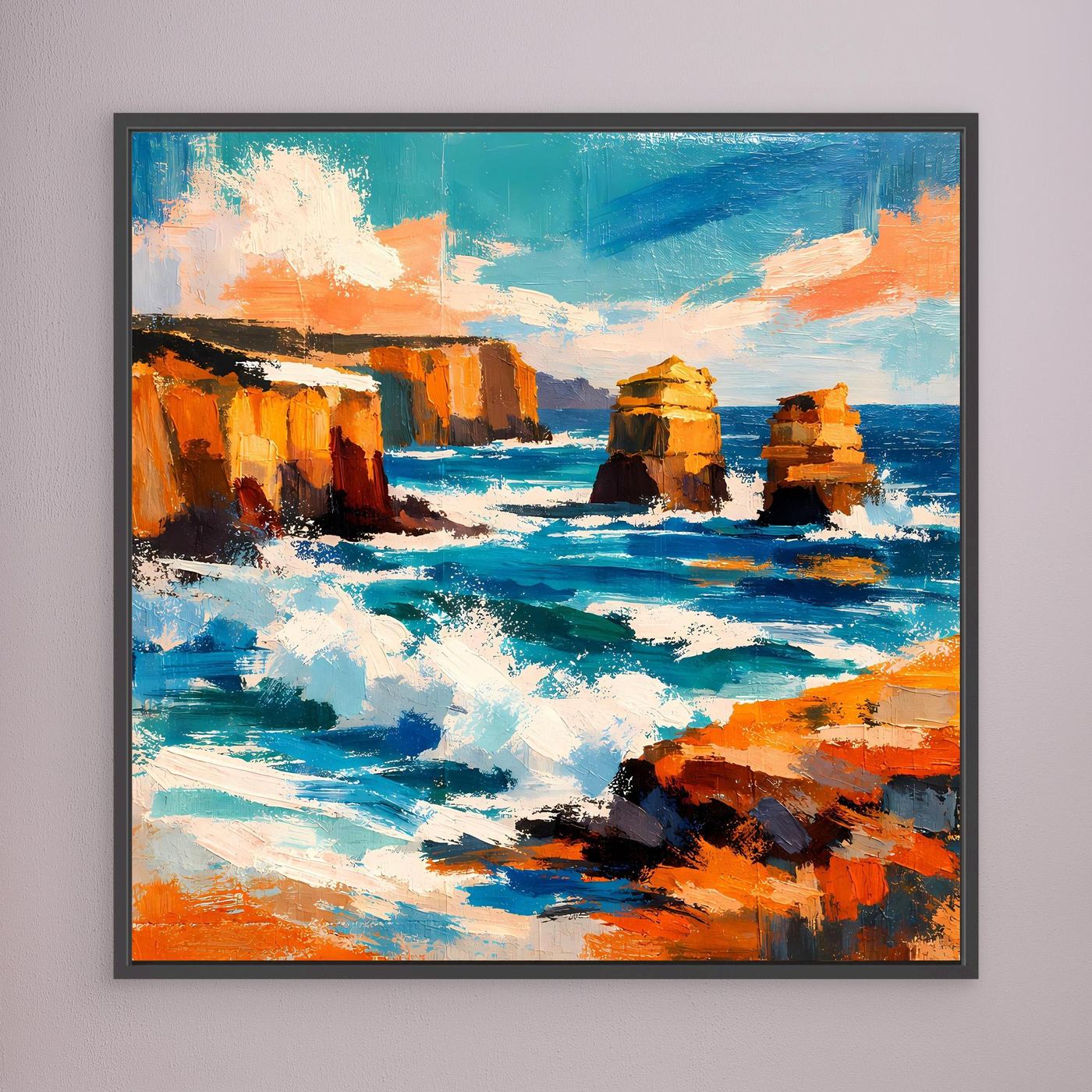 Wandbild mit abstraktem Küstenmotiv: türkisblaues Meer, orange Felsen, schwarzer Rahmen