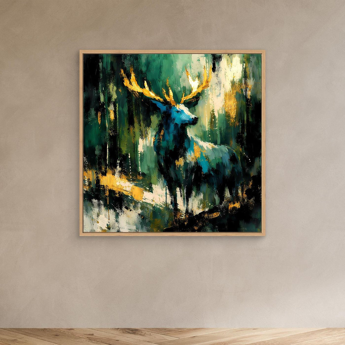 Leinwand-Wandbild mit hellem Holzrahmen und abstraktem Hirsch in Grün, Blau, Gold