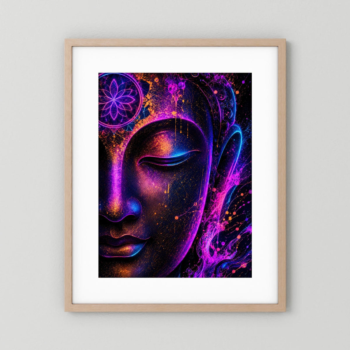 Neon-Buddha-Poster mit hellem Holzrahmen und weißem Rand, Buddha-Profil in Pink und Blau