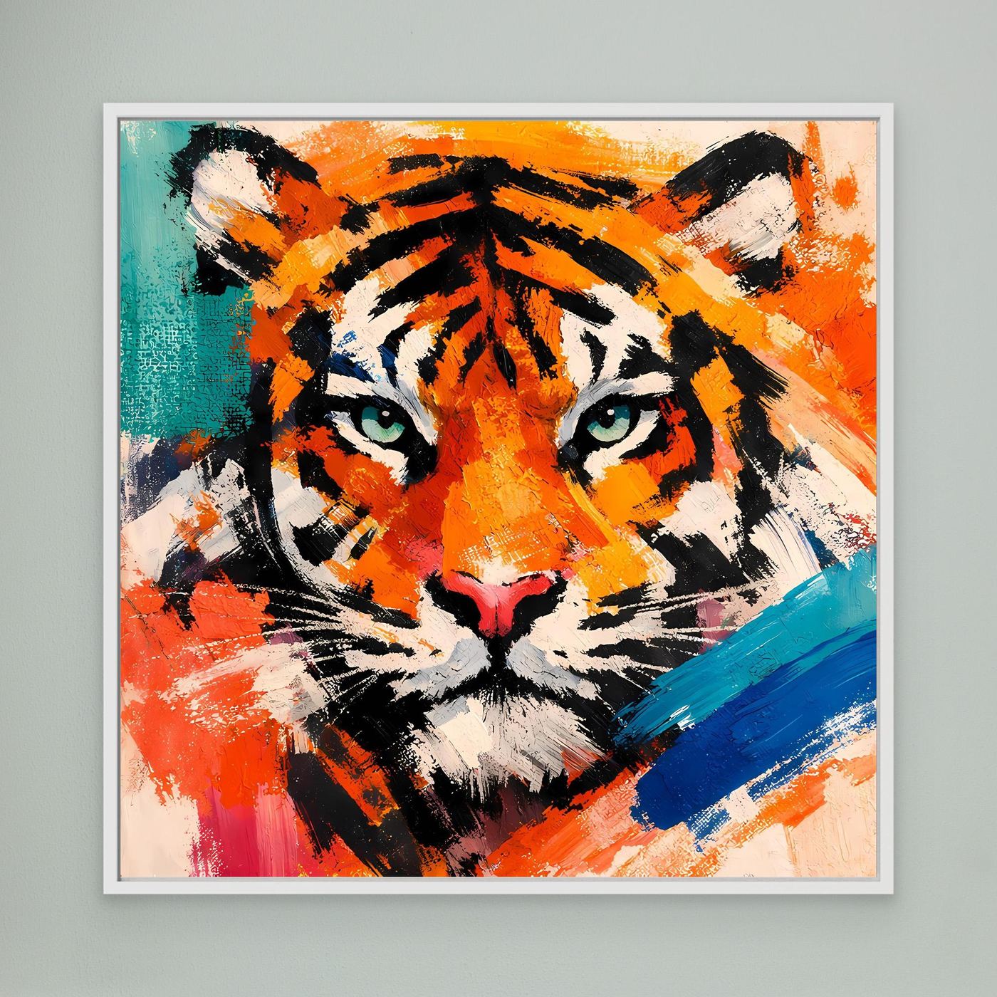 Abstract tiger canvas wall art with orange, teal, and white paints; white frame.