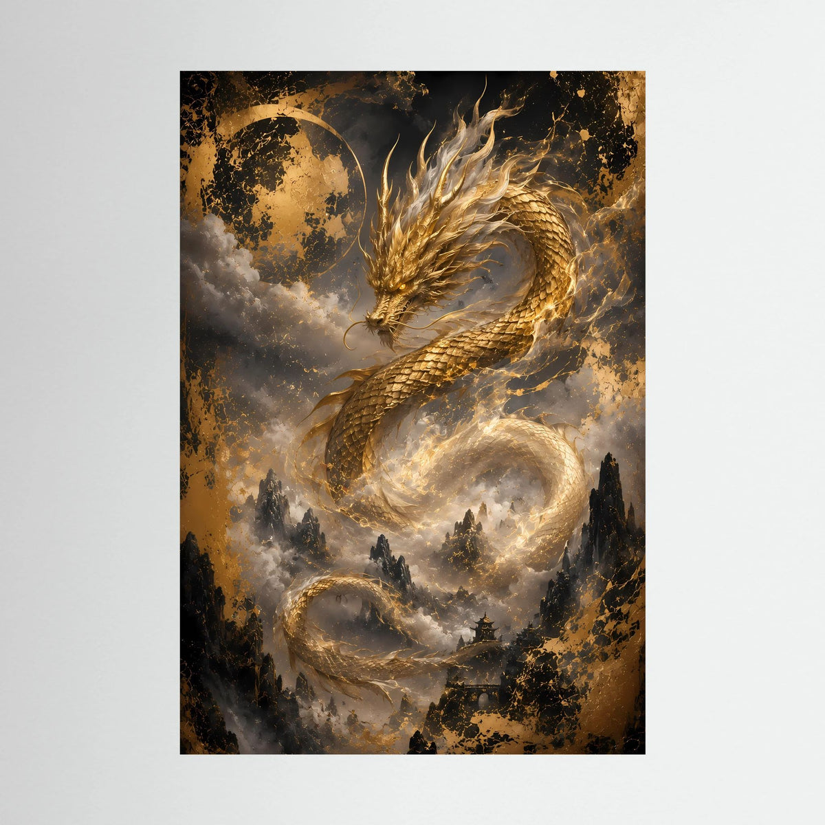 Hochformat-Poster mit goldenem Drachen über Wolken und Bergsilhouetten