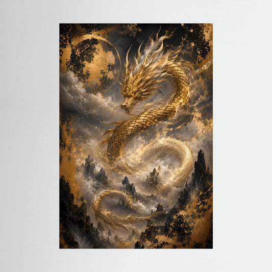 Hochformat-Poster mit goldenem Drachen über Wolken und Bergsilhouetten