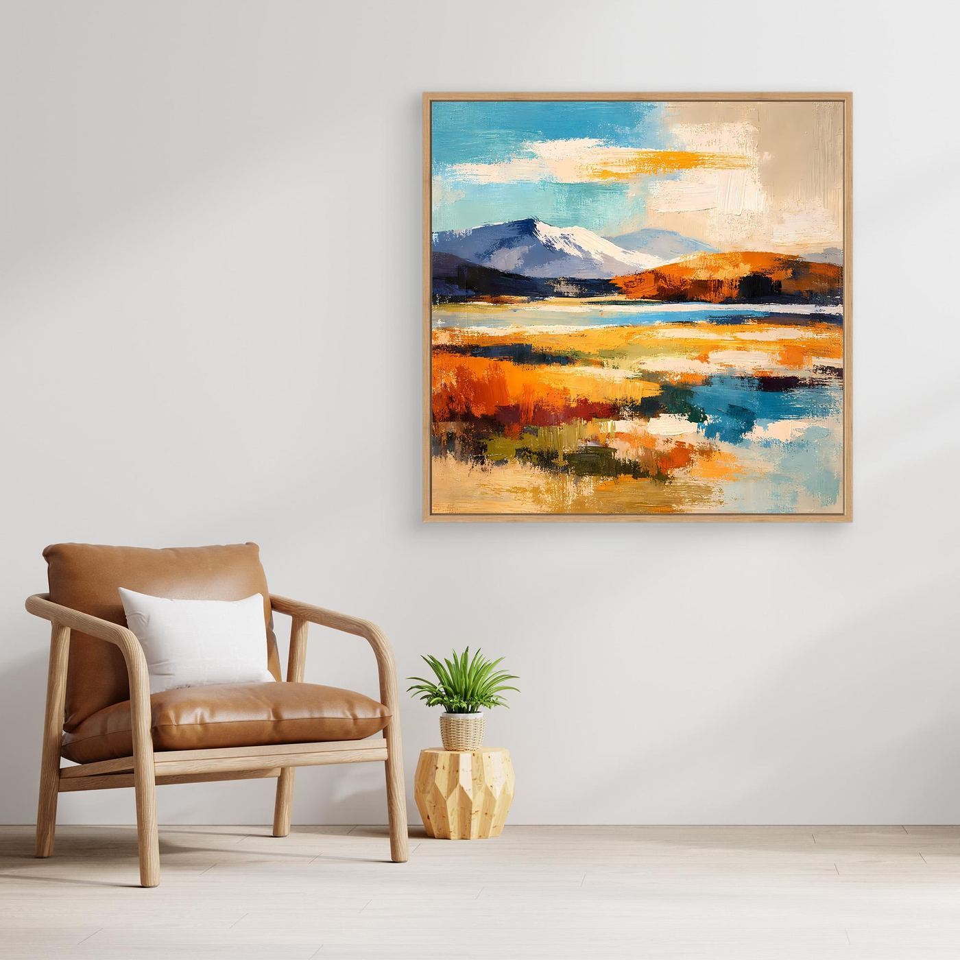Leinwandbild mit abstrakter Berg- und Wasserlandschaft, Eichenrahmen