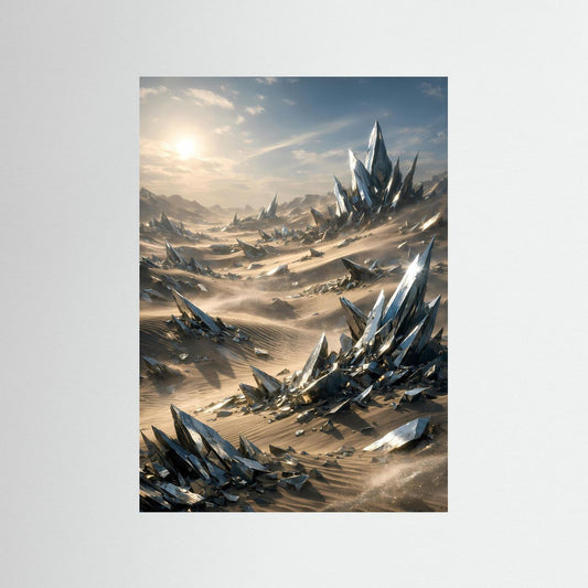 Hochformatiges Sci‑Fi-Kunstposter mit spiegelnden Quarzkristallen und Sanddünen
