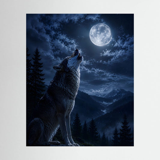 Hochformat-Wandbild mit heulendem Wolf auf Fels bei Vollmond über bewaldeten Bergen