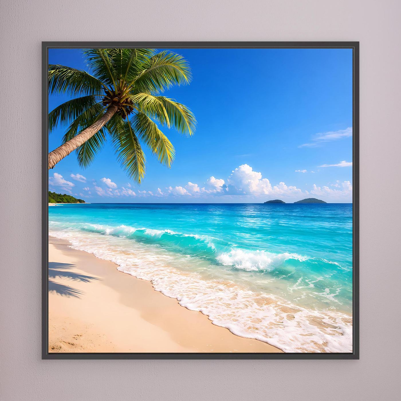 Gerahmtes Leinwandbild mit Wellen am Tropenstrand, Palme am türkisblauen Meer, schwarzer Rahmen