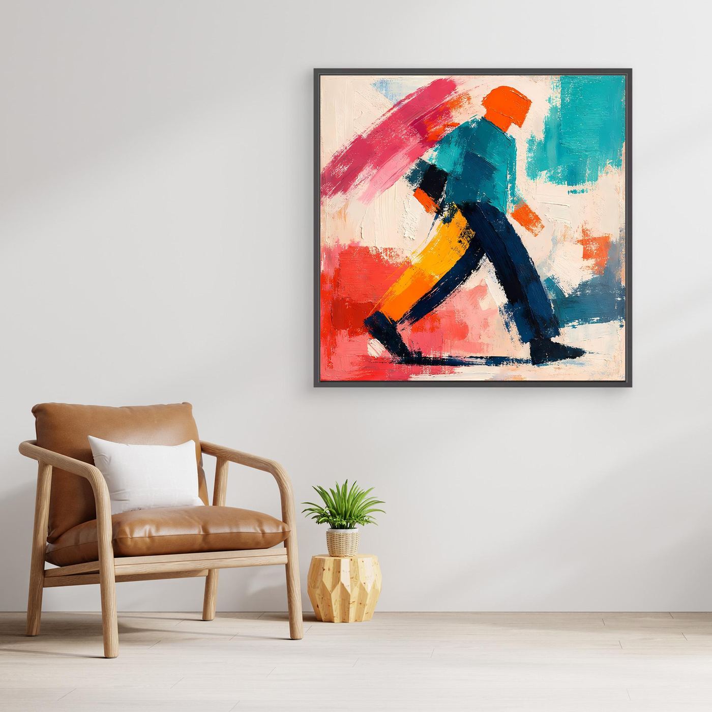 Framed abstract pop art canvas print showing a walking figure with red, teal and orange color blocks