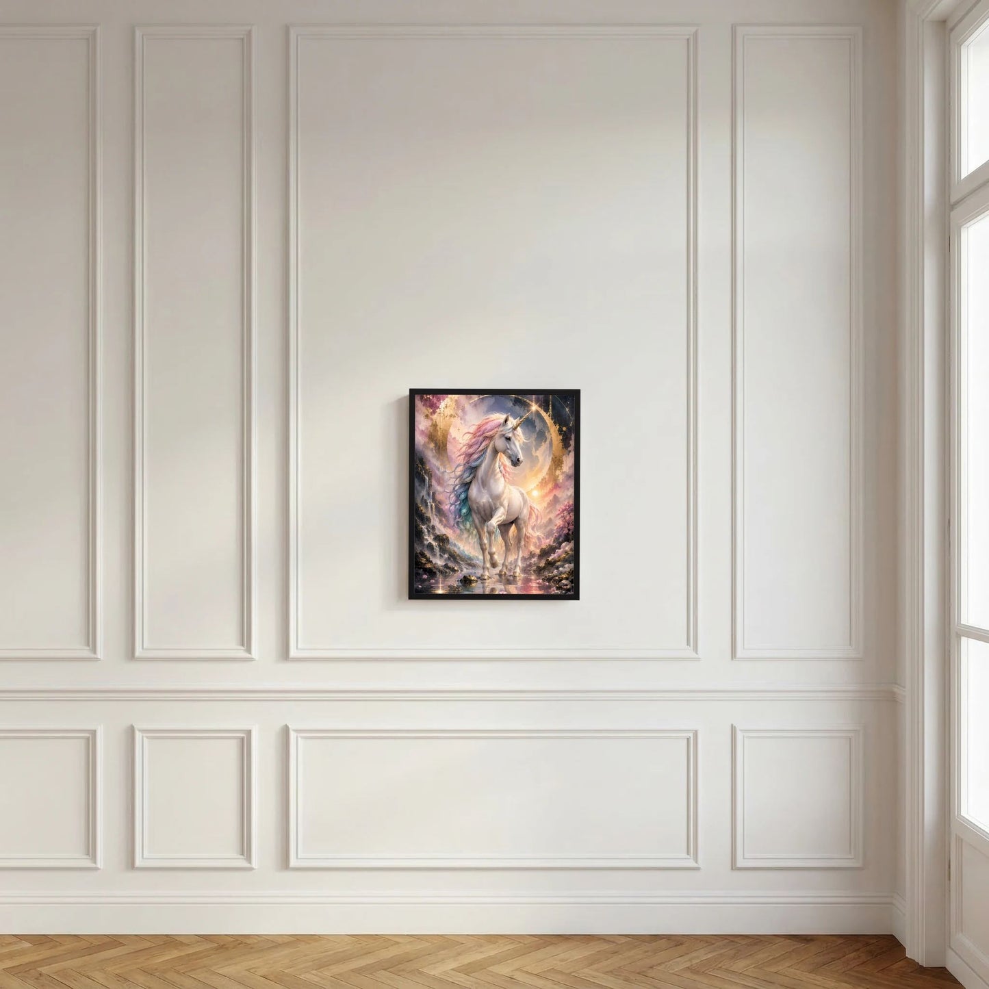 Gerahmtes Einhorn-Poster mit silbernem Pferd und pastellfarbener Mähne in goldener Aura