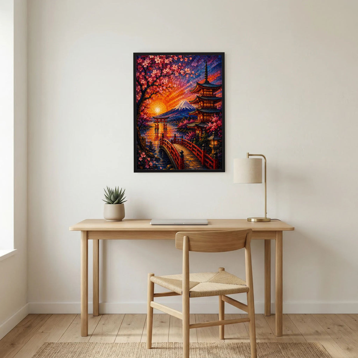 Gerahmtes Poster im Mosaikstil: Kirschblüten, Pagode und Fuji in warmem Abendlicht