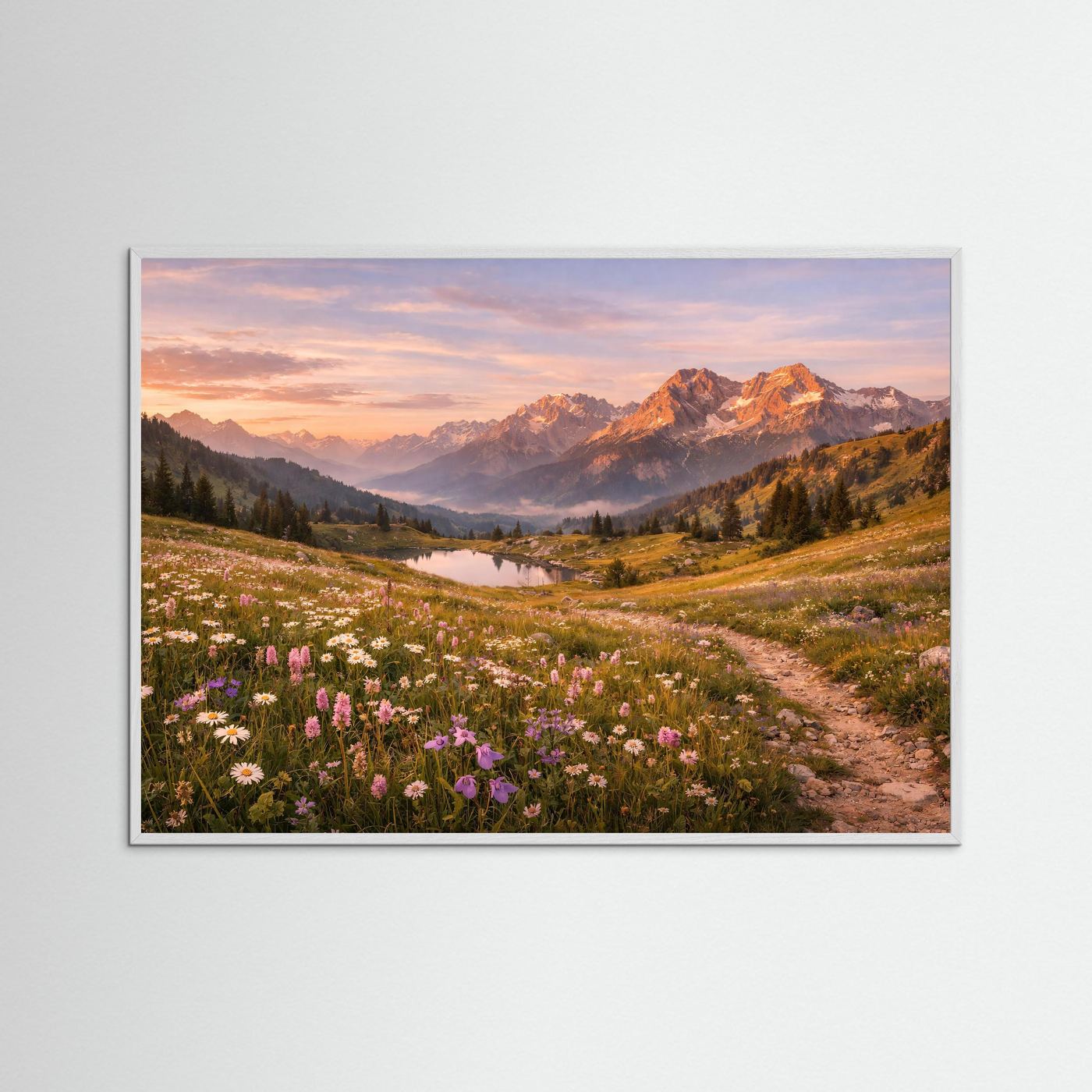 Panorama-Poster im silbernen Rahmen: blühende Almwiese, Fluss und Berglandschaft