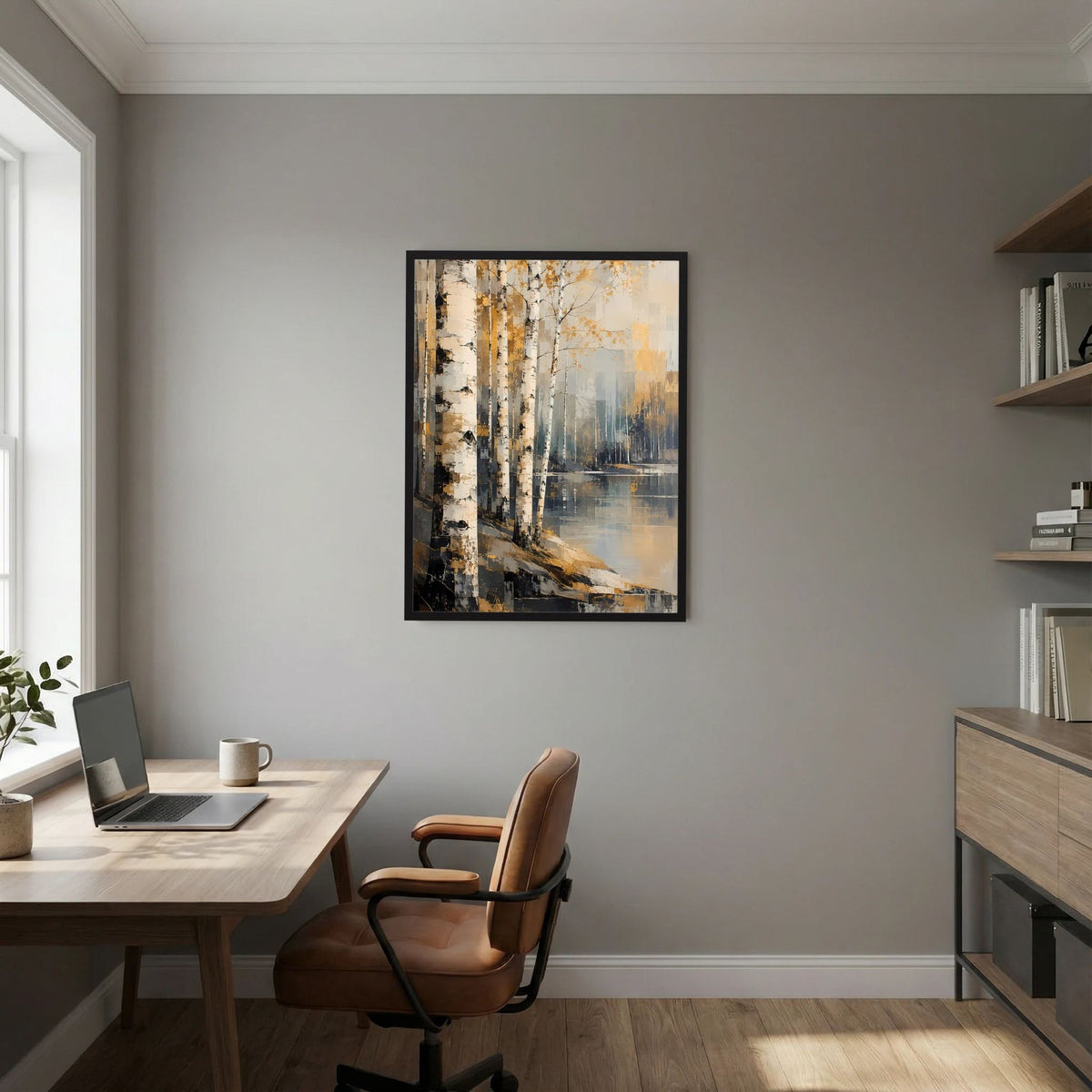 Wandposter mit Birkenwald-Motiv am Wasser, Gold/Beige, schwarzer Rahmen