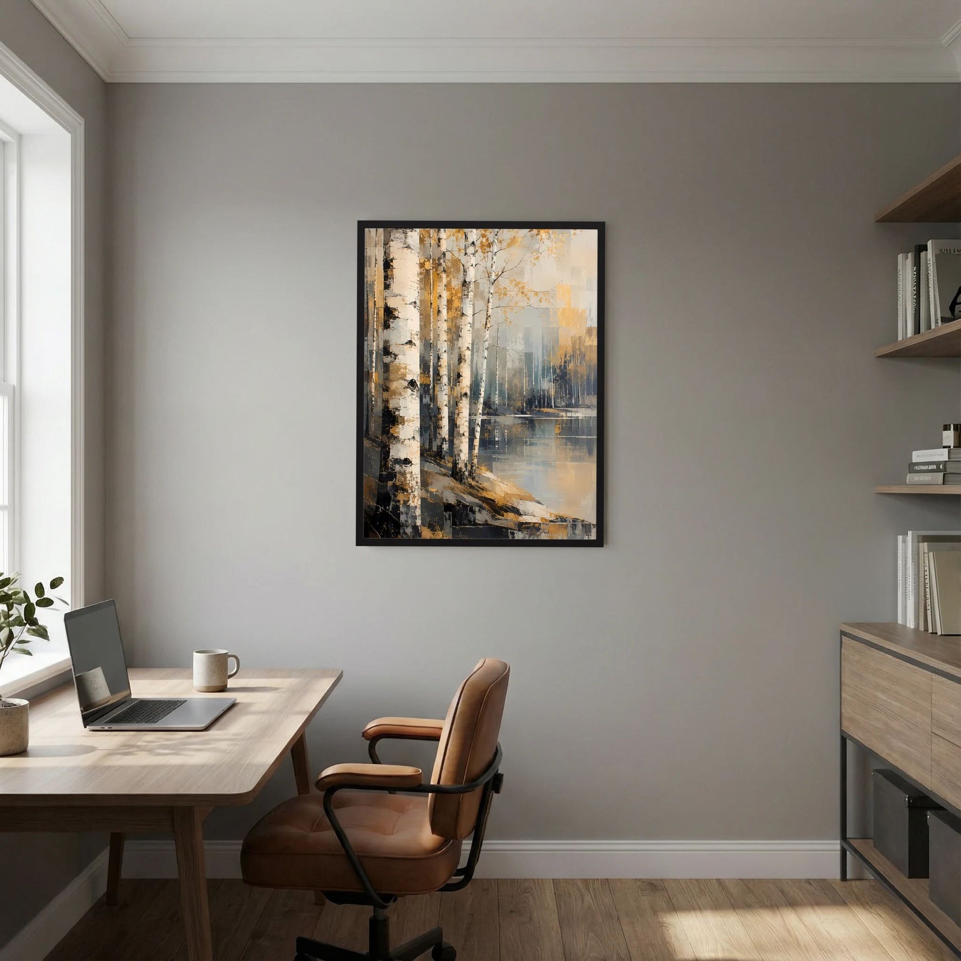 Wandposter mit Birkenwald-Motiv am Wasser, Gold/Beige, schwarzer Rahmen