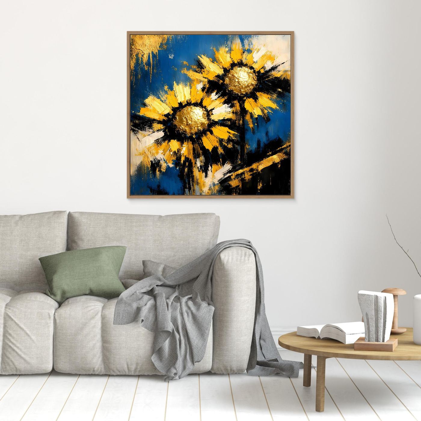 Kleines Wandbild: abstrakte Sonnenblumen in Blau, Gelb und Gold, Holzrahmen