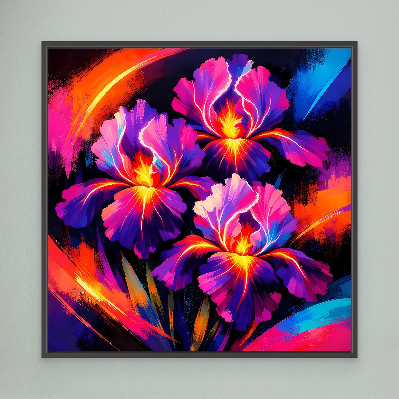 Leinwand-Wandbild mit abstrakten Irisblüten in Neonfarben, schwarzer Rahmen