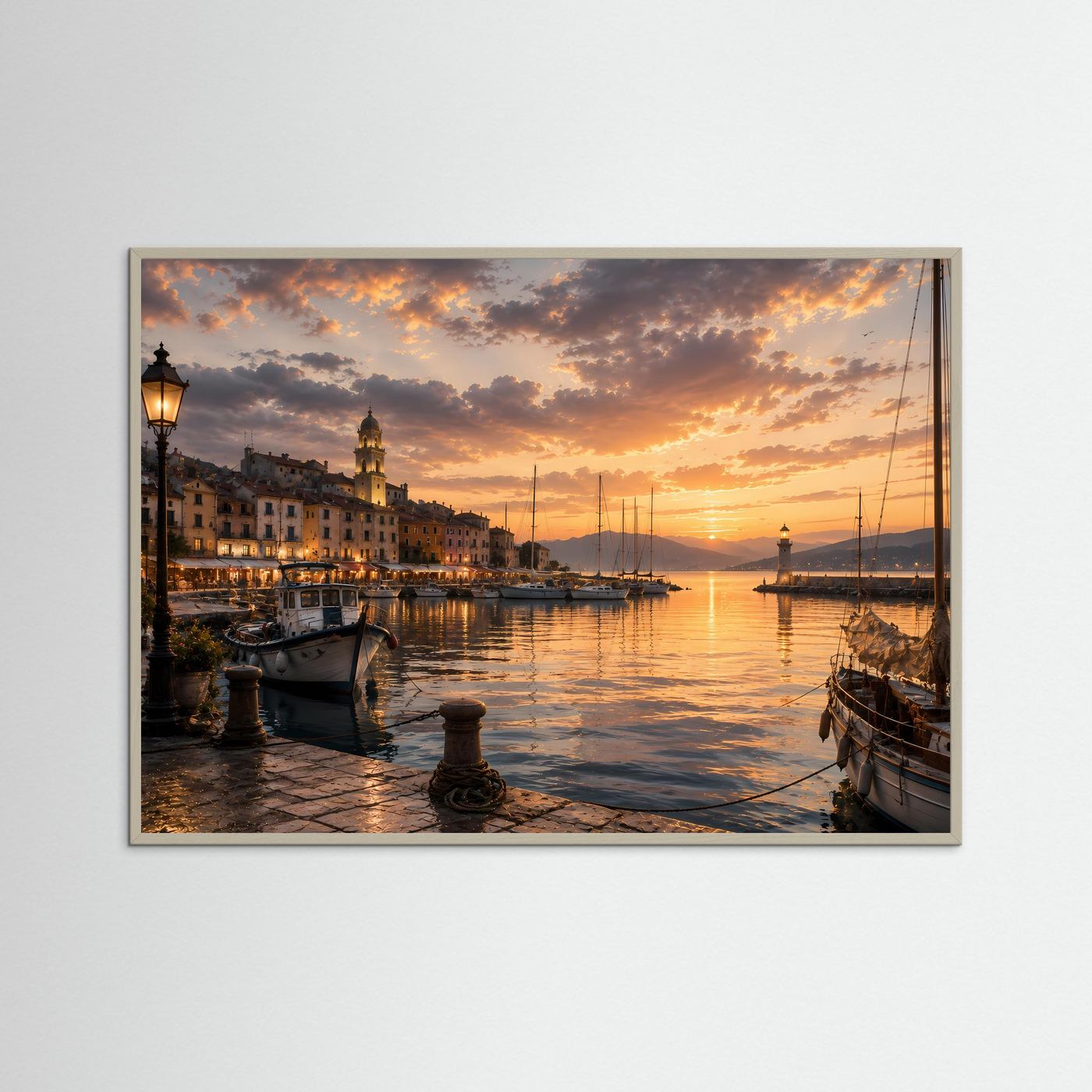 Querformat-Poster mit Hafenmotiv bei Sonnenuntergang im dunkelbraunen Holzrahmen