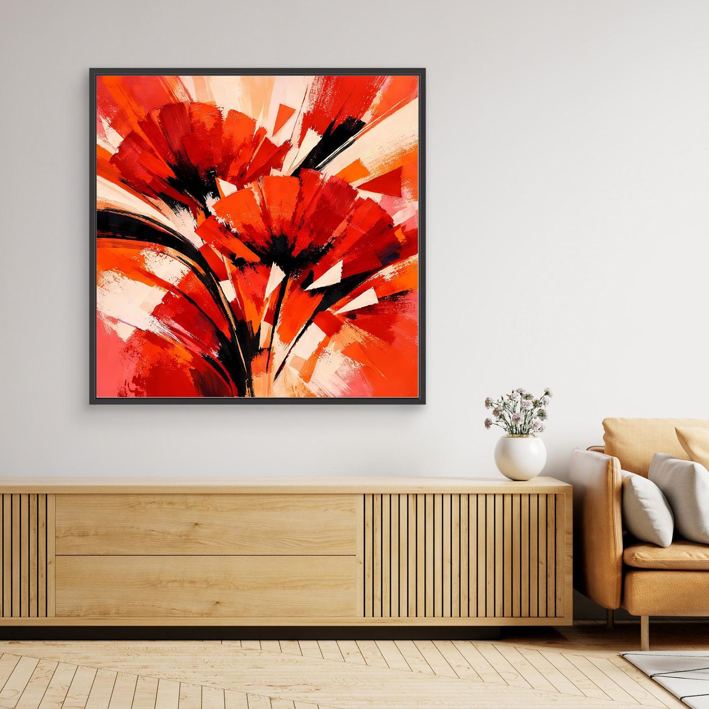 Abstraktes Leinwandbild mit geometrischen Mohnblüten, rot und orange, mit schwarzem Rahmen