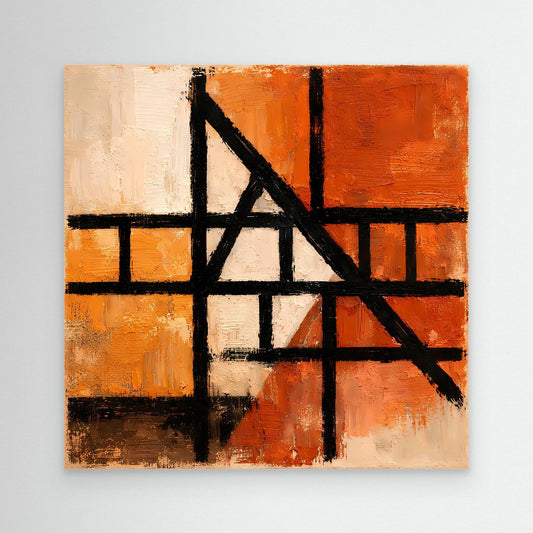 Abstract canvas wall art with terracotta and orange squares and bold black geometric lines
