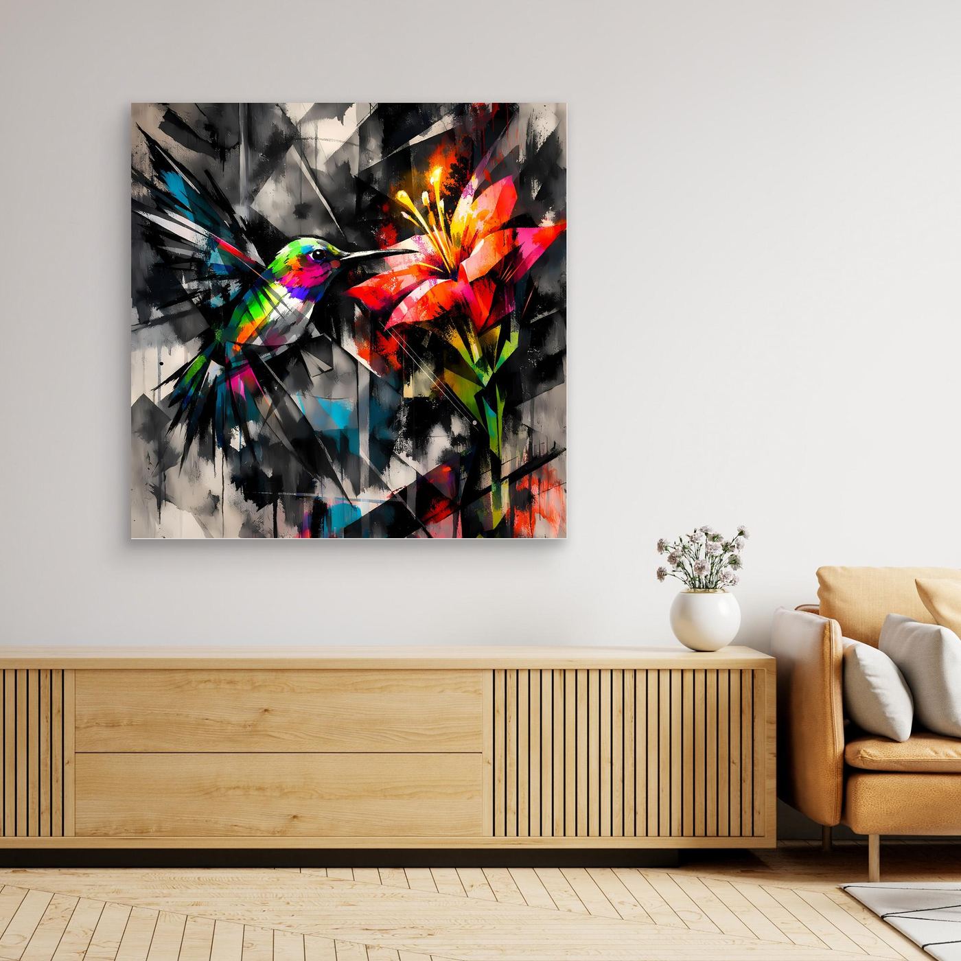 Leinwandbild Farbintensiver Kolibri | Abstraktes Geometrisches Wandbild auf Keilrahmen