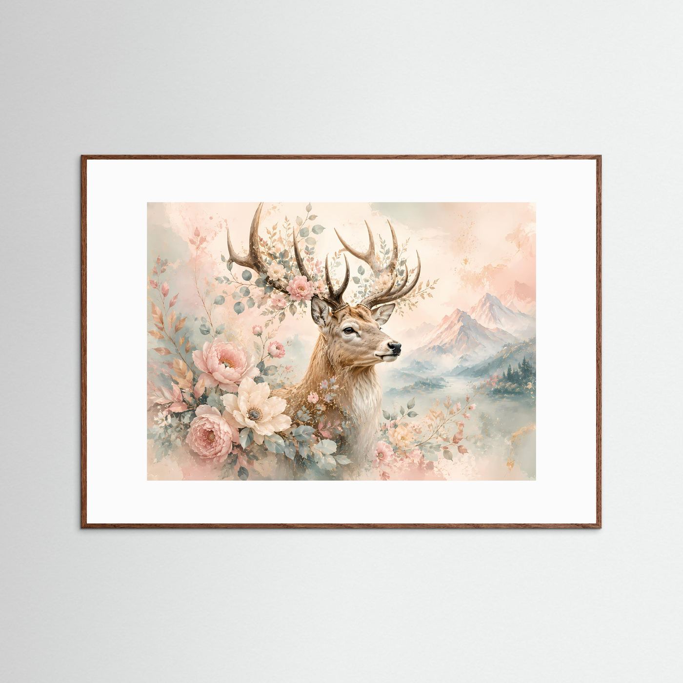 Hirsch mit Blumen Poster | Floraler Hirsch in Pastellfarben | Elegante Natur Wandkunst | Romantische Berglandschaft | Premium Leinwand & Wall Art