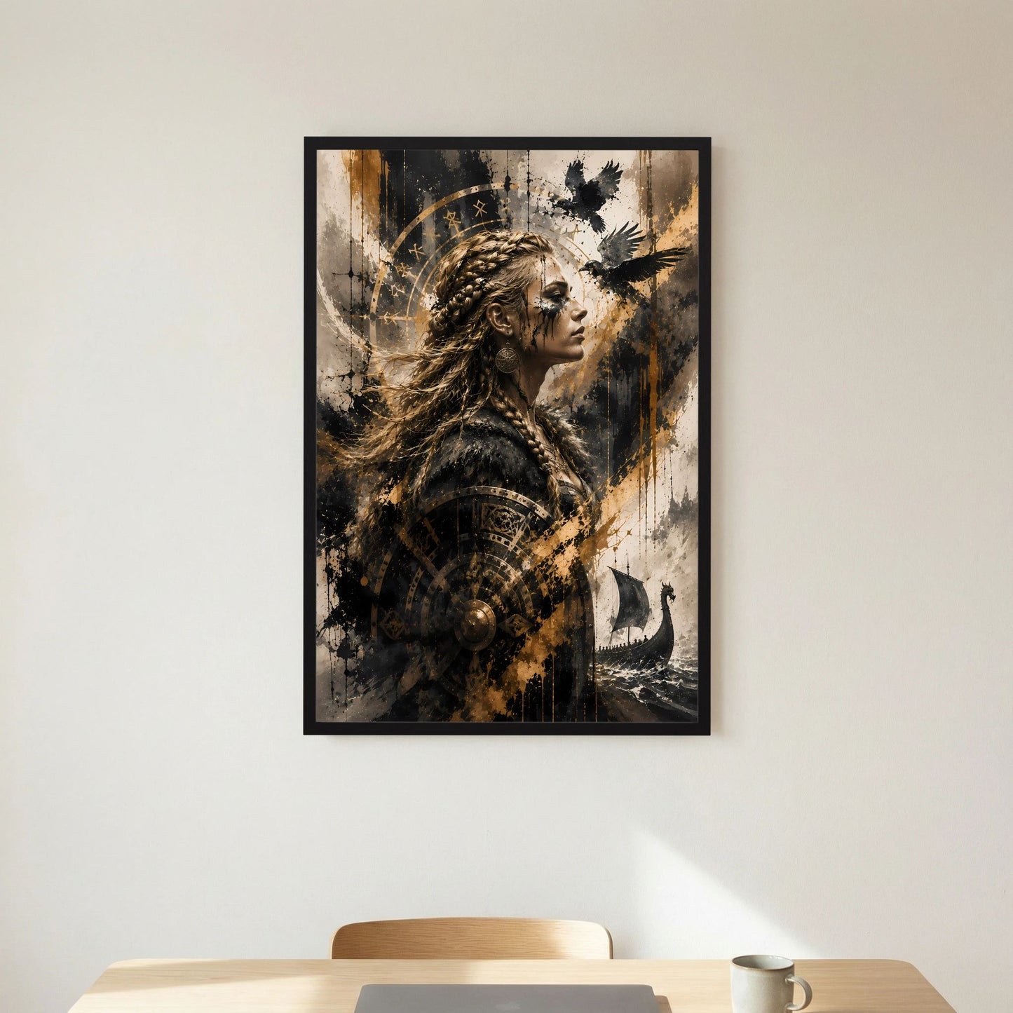 Hochformat-Poster im schwarzem Rahmen: Wikingerin mit Raben über dem Langschiff