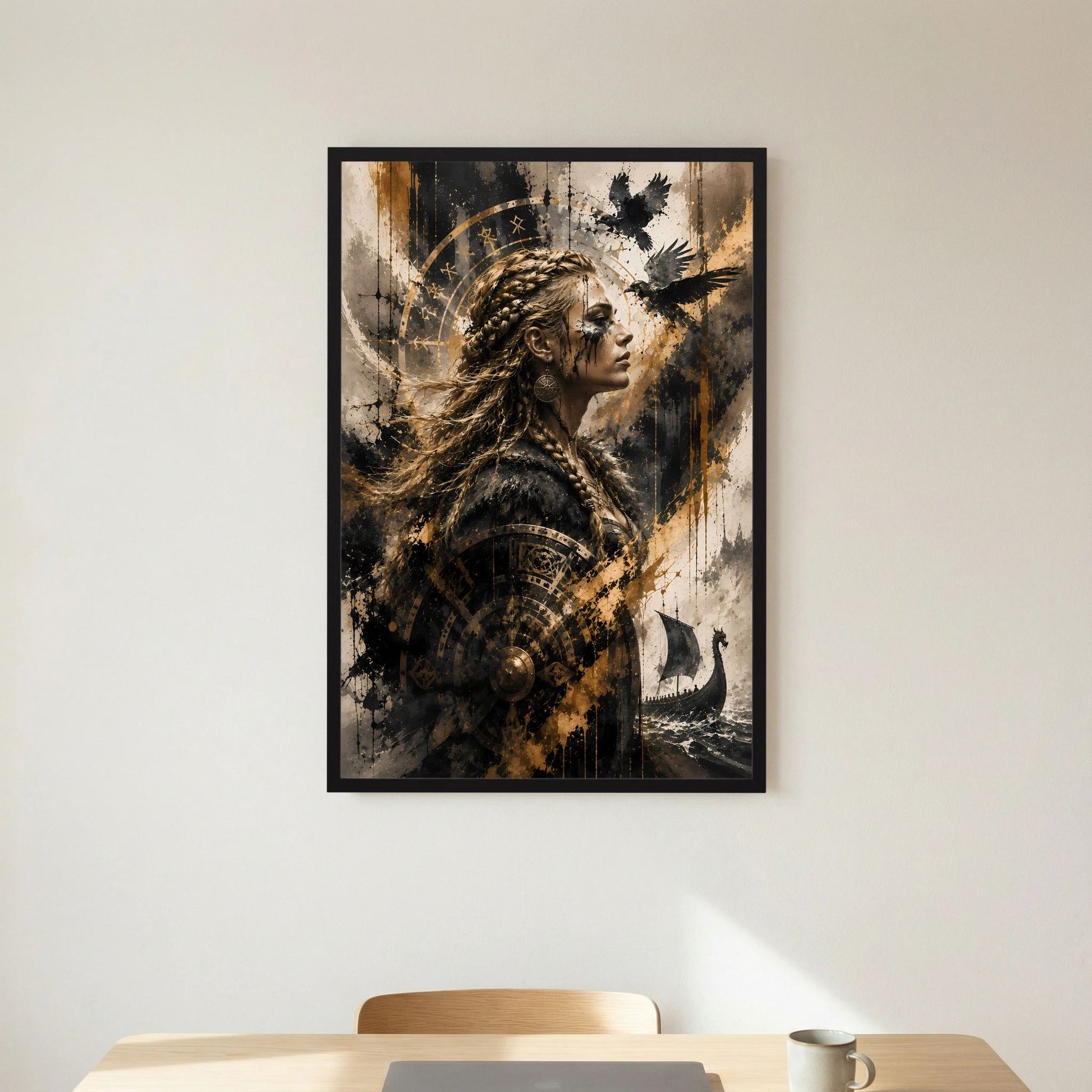 Hochformat-Poster im schwarzem Rahmen: Wikingerin mit Raben über dem Langschiff