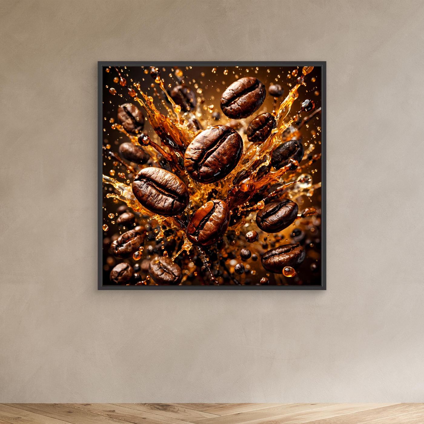 Leinwandbild mit Kaffeebohnen-Splash im schwarzen Rahmen, braun-goldenes Spritzmotiv