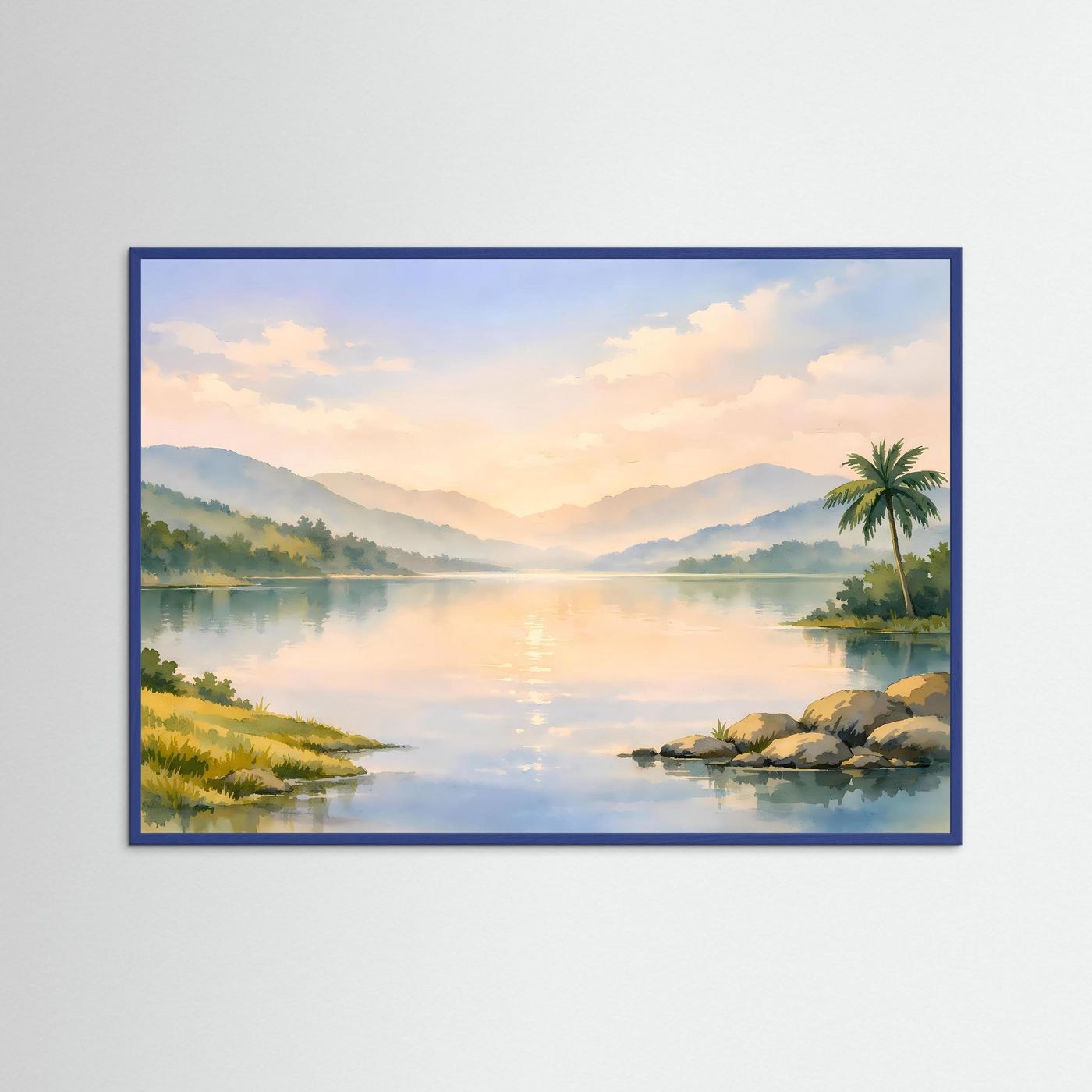 Natur-Poster mit blauem Rahmen, aquarellierte Tropenlandschaft mit ruhigem See
