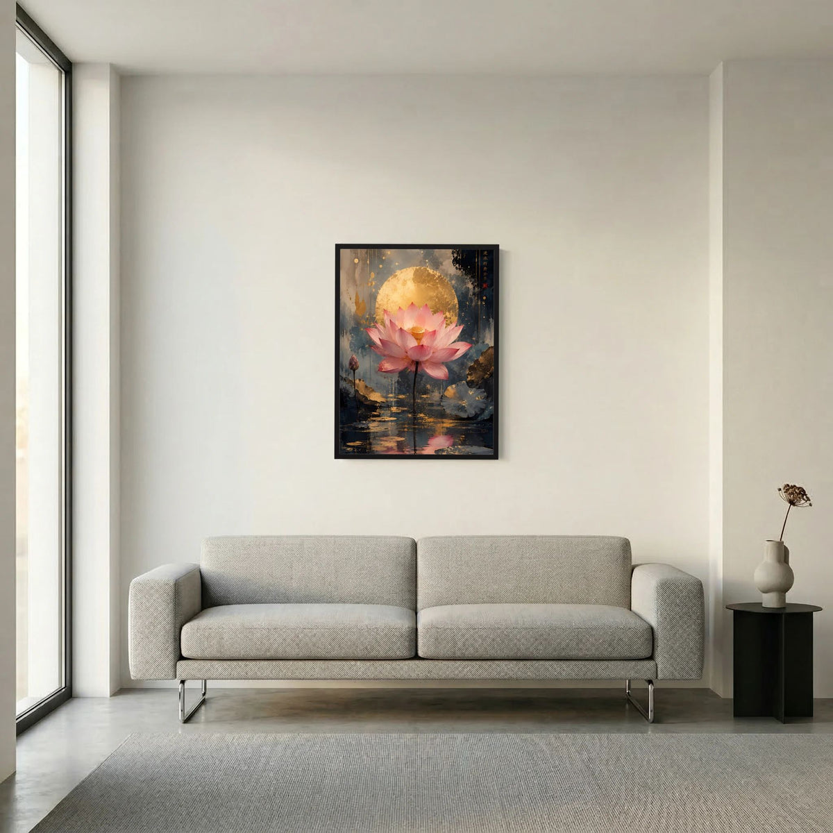 Gerahmtes Hochformat-Poster mit rosa Lotusblüte und goldener Sphäre über dunklem Wasser