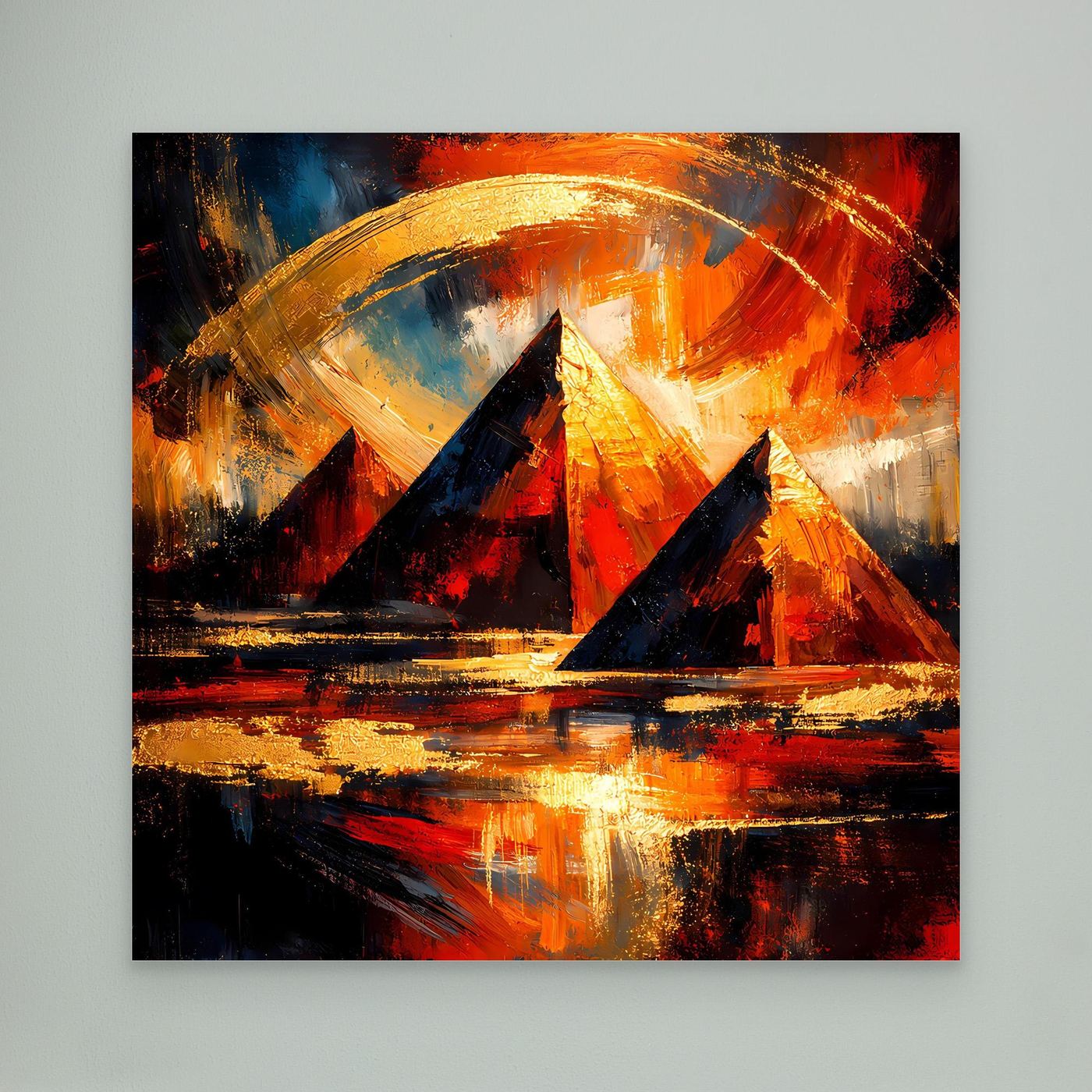 Leinwandbild mit abstrakten Pyramiden in Gold, Orange und Rot, goldener Bogen