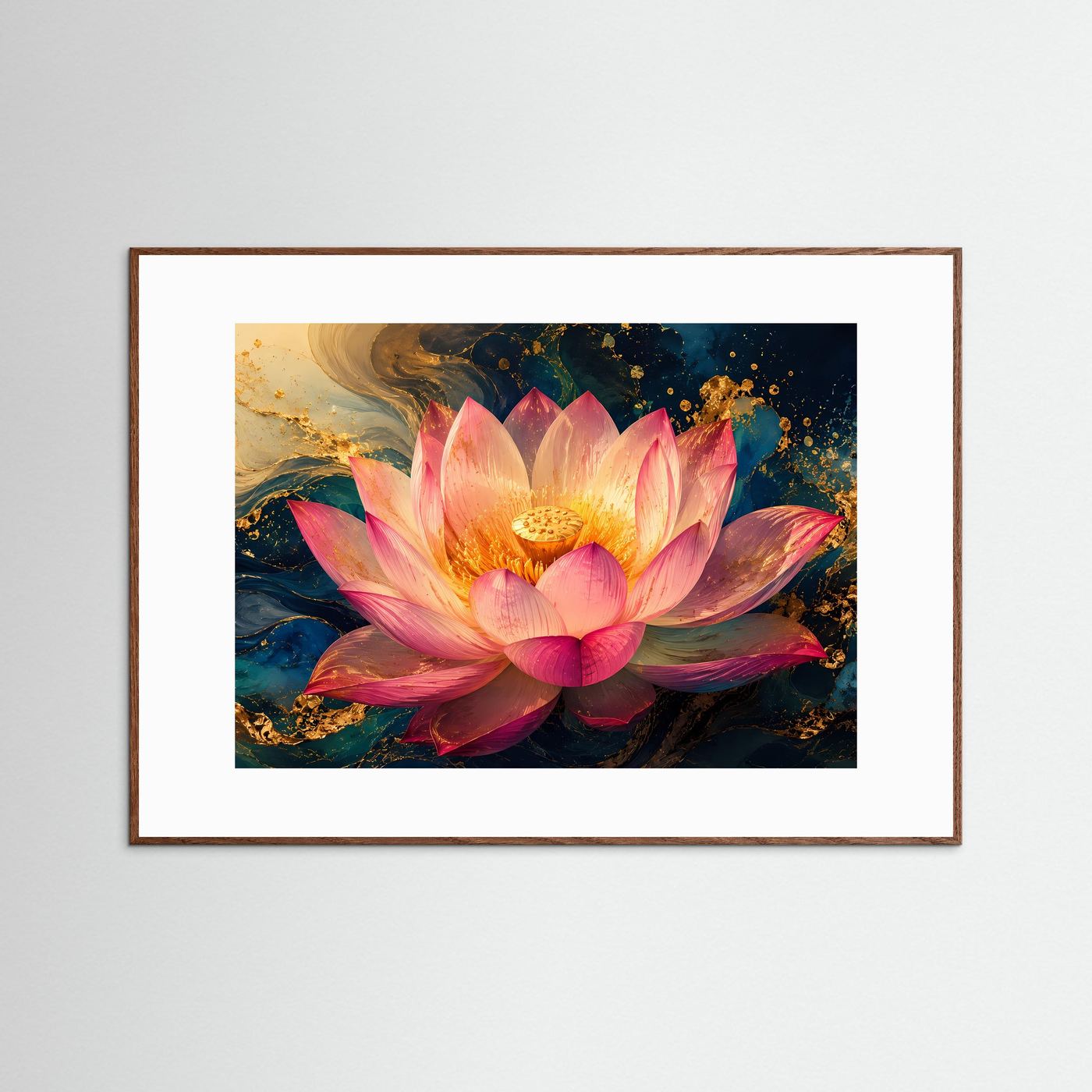 Lotusblüte Poster | Elegante Lotusblume Wandbild | Abstrakte Blumenkunst in Blau und Gold | Moderne Premium Wall Art